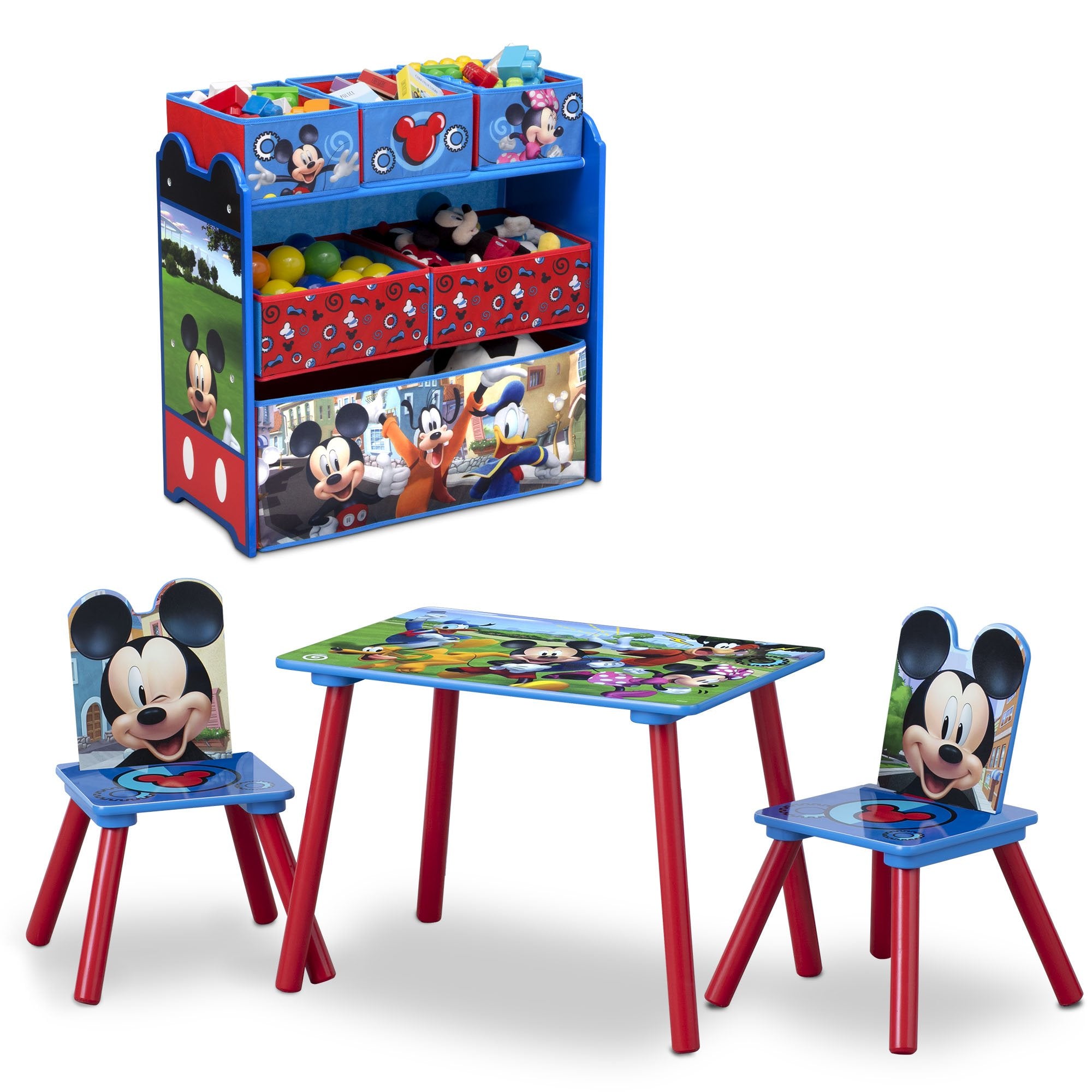 Mickey Mouse Kids Playroom Set - 4 Piece Table & Chairs with 6 Bin Toy Organizer for Toddlers | Perfect for Playrooms, Daycares & Preschools