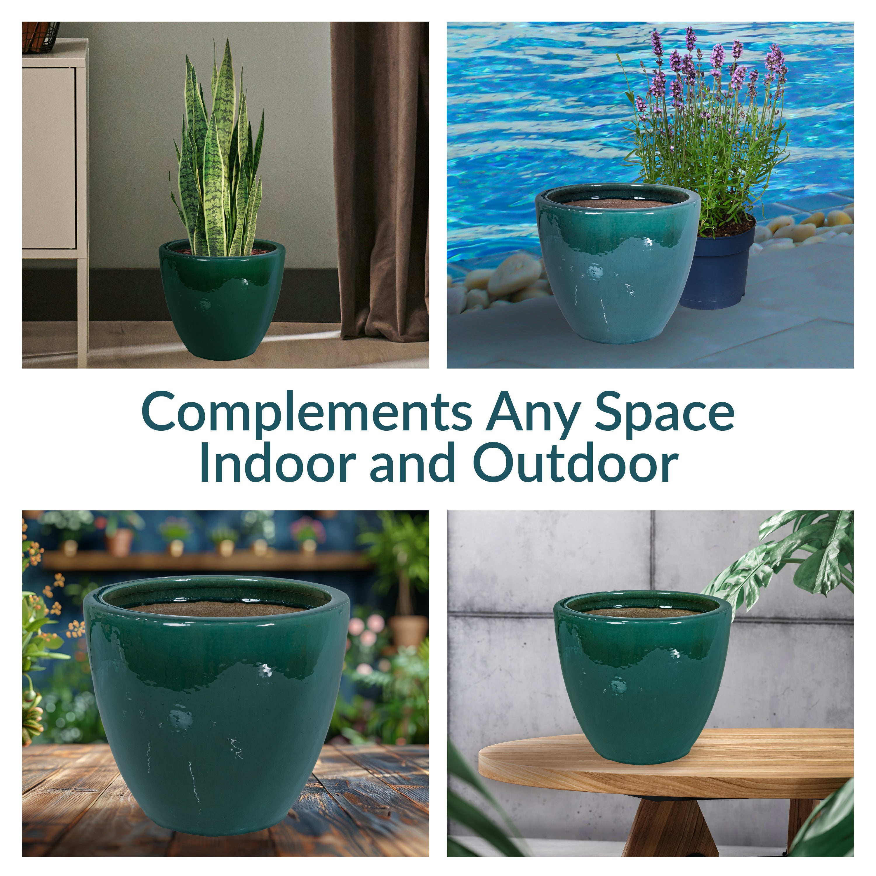 Sunnydaze Resort Round Glazed Ceramic Planter with Drainage Hole - Outdoor Garden Flower Pot for Patio, Deck & Balcony Decor
