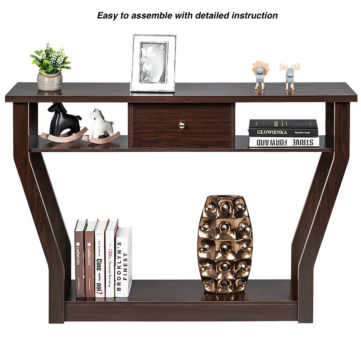 Dark Brown Modern Console Table with Curved Legs & Slide-Out Drawer - Entryway Hallway Accent Table with Bottom Display Shelf for Living Room, Bedroom, Home Office Décor | Perfect for Small Spaces & Apartment Entryways