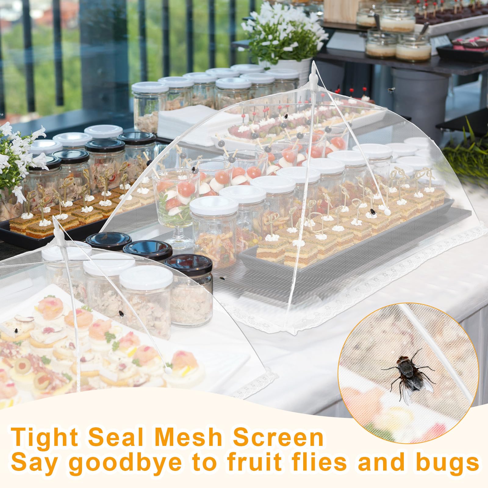 Tanlade 16-Piece Reusable Collapsible Pop-Up Mesh Food Cover Set - 2 Large 40x24 Inch, 4 Medium 17x17 Inch, 5 Small 14x14 Inch & 5 Mini 12x12 Inch Food Nets - Perfect for Outdoor Picnics, BBQs, Camping & Summer Parties (White)