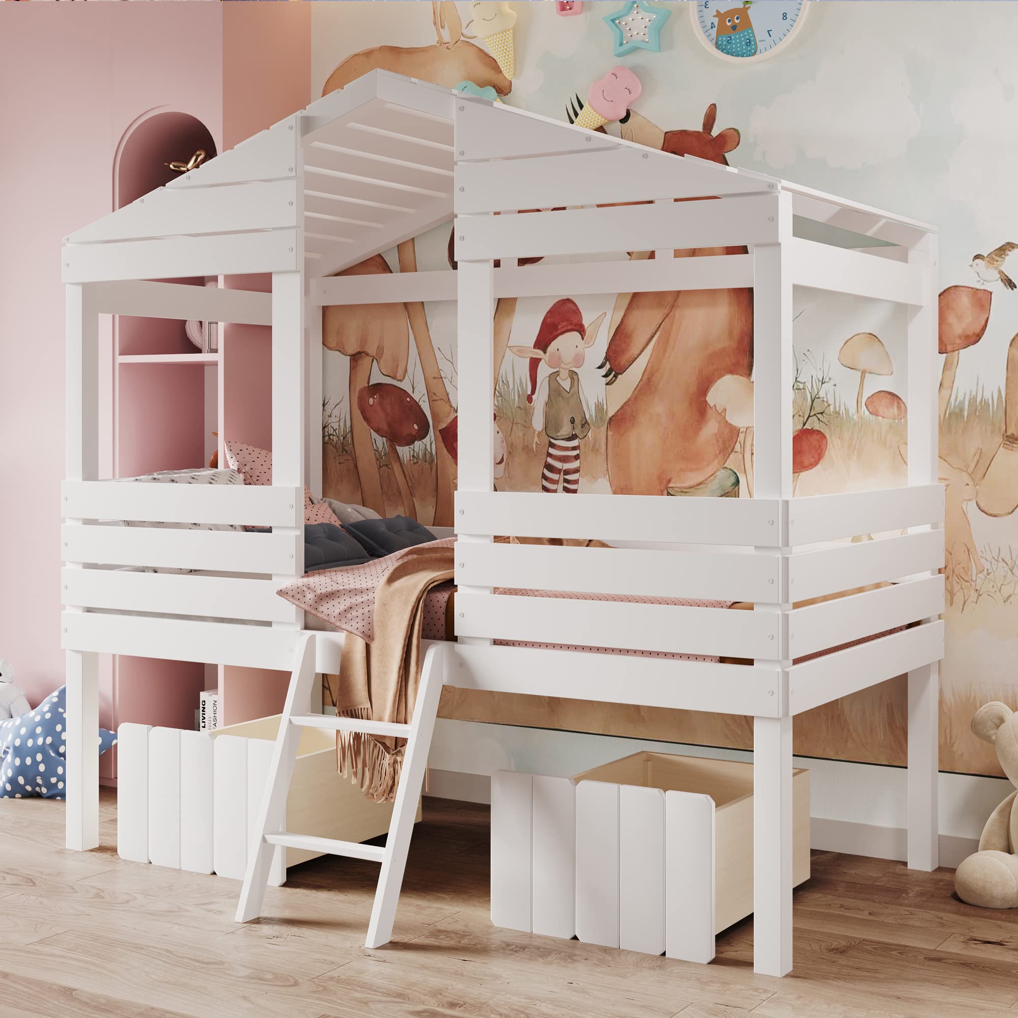 Twin Size Low Loft Bed with 2 Storage Drawers - Space Saving House Bed for Teens, Kids, Boys & Girls - No Box Spring Needed - White - Perfect for Small Bedrooms, Dorms & Kids Rooms