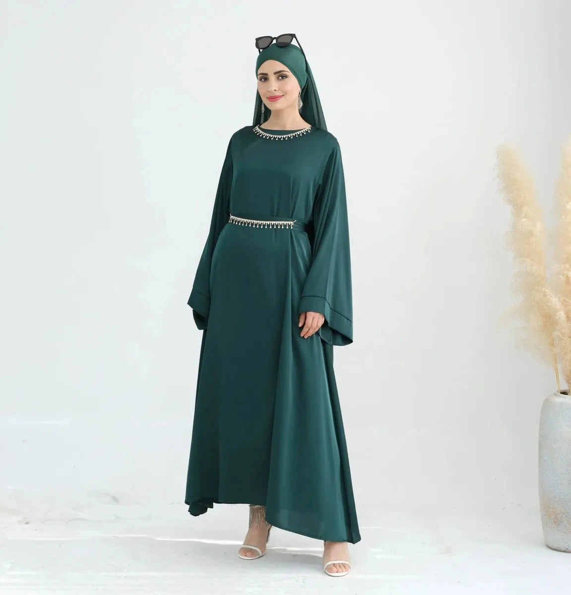 Elegant Crystal Belt Satin Abaya Dress with Matching Hijab & Necklace Set - Perfect for Eid, Weddings & Special Occasions