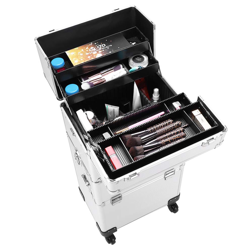 Professional 3-in-1 Aluminum Rolling Makeup Case - Large Cosmetic Organizer with Wheels, Folding Trays & Multiple Compartments | Perfect for Travel, Salon Use & Beauty Professionals (Silver)