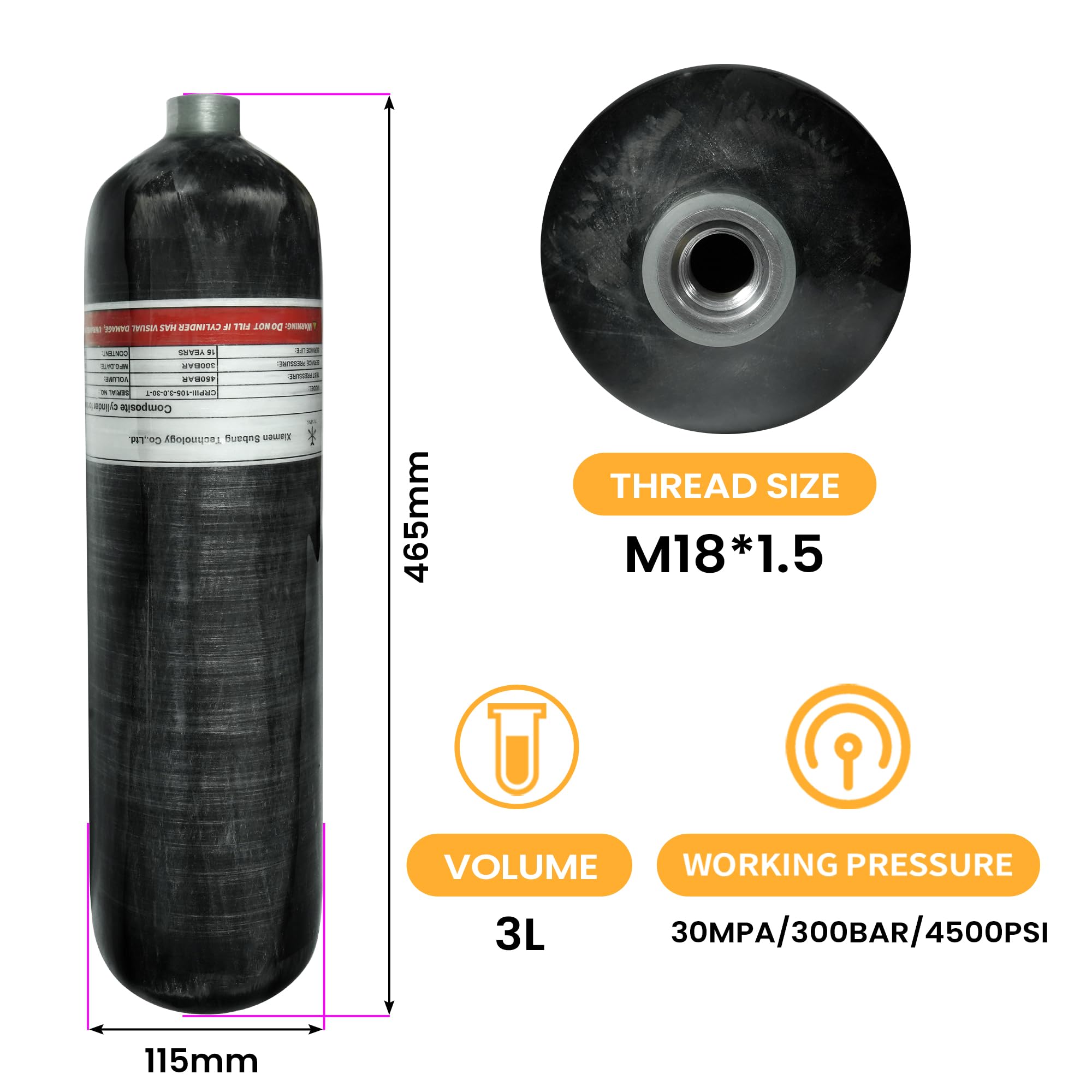 TUXING 4500Psi High Pressure Composite Scuba Tank - 3L Carbon Fiber Air Cylinder for Paintball & Diving | CE Certified | Portable & Lightweight for Outdoor Adventures