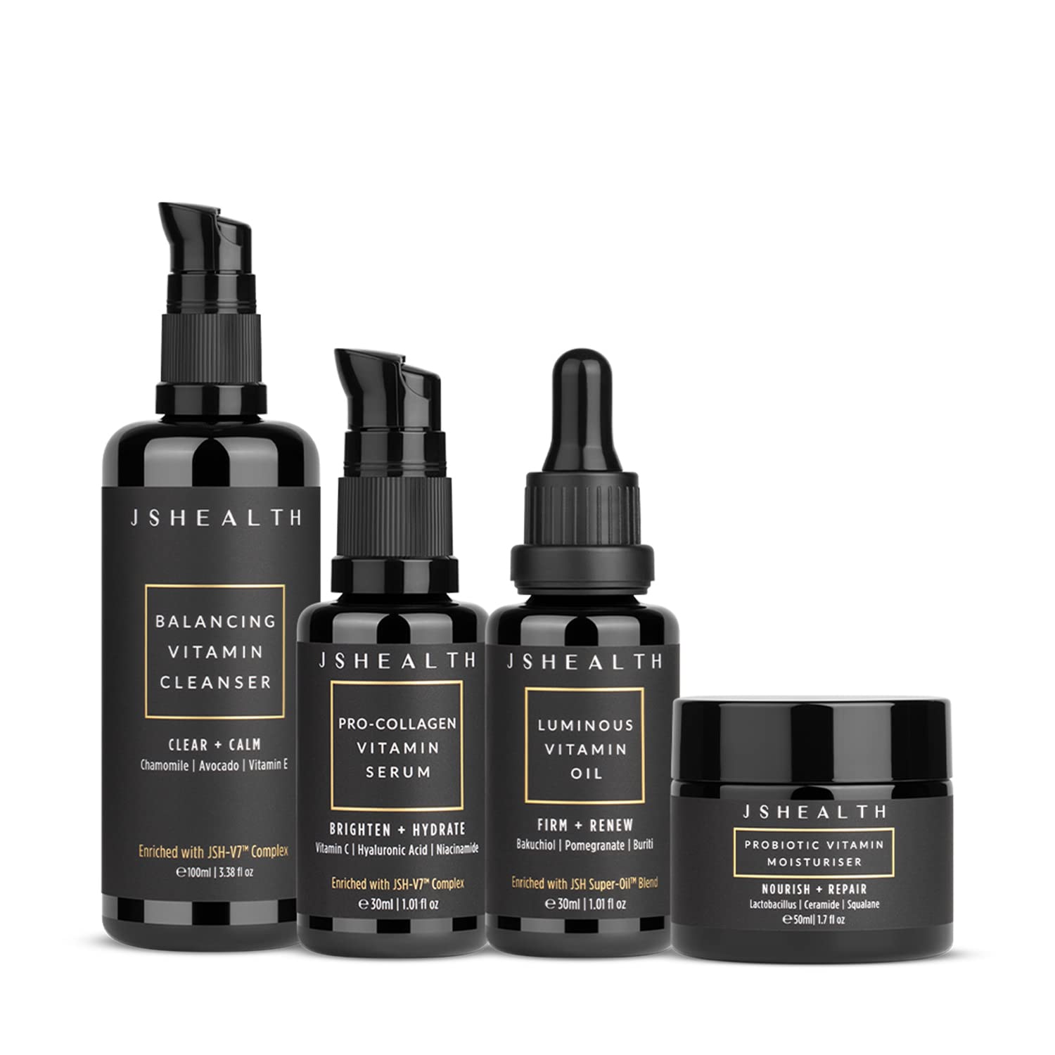 JSHealth 4-Step Vitamin Skincare System - Complete Daily Skin Care Routine with Vitamin C Serum, Hydrating Moisturizer, Nourishing Face Oil & Gentle Facial Cleanser | Brightening, Anti-Aging & Glowing Skin for Day & Night Use