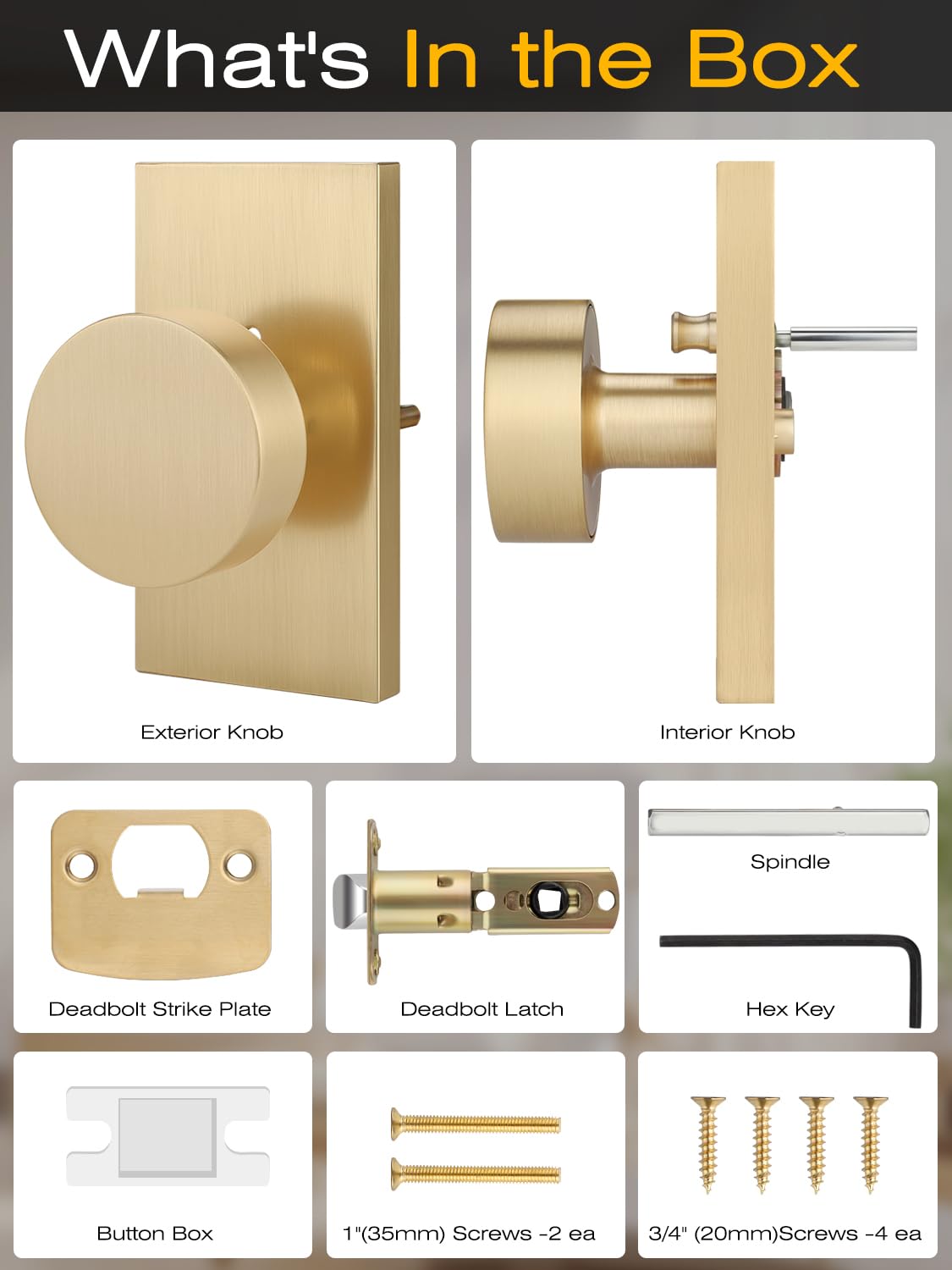 EHOMEWARE 3-Pack Gold Privacy Door Knobs with Lock - Bedroom & Bathroom Interior Door Handles, Reversible for Left/Right Doors, Rectangular Base - No Key Needed for Home, Office, or Apartment Use