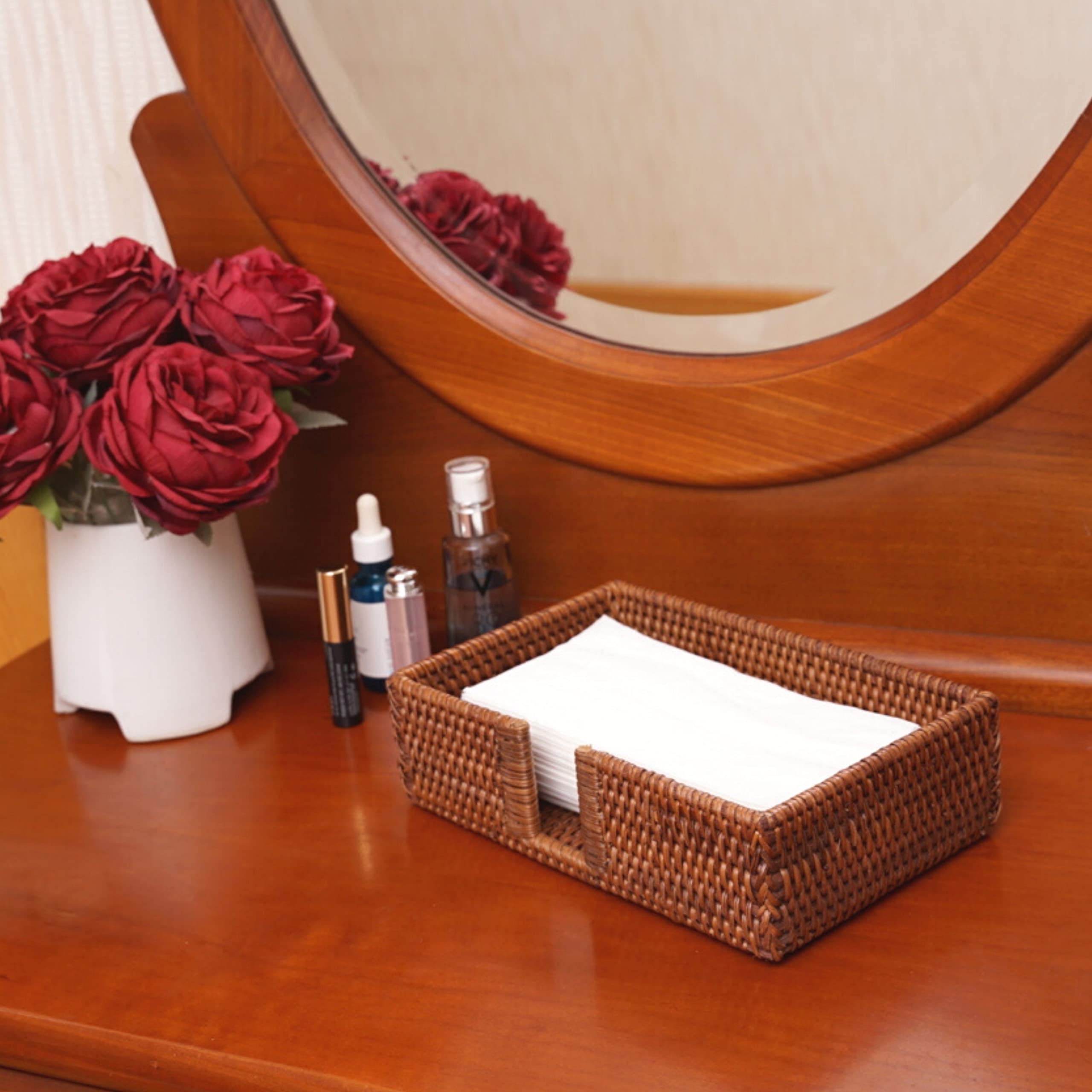 Dark Brown Rattan Bathroom Towel Holder - 9.4 x 5.9 x 2.4 Inch Wicker Tissue Paper Storage Basket for Guest Towels, Napkins & Luncheon Supplies | Perfect for Toilet Tank, Kitchen Countertop & Bathroom Organization