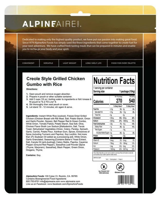 AlpineAire Creole Grilled Chicken Gumbo with Rice - Authentic Louisiana Style Meal - Perfect for Camping, Hiking & Emergency Food Supply