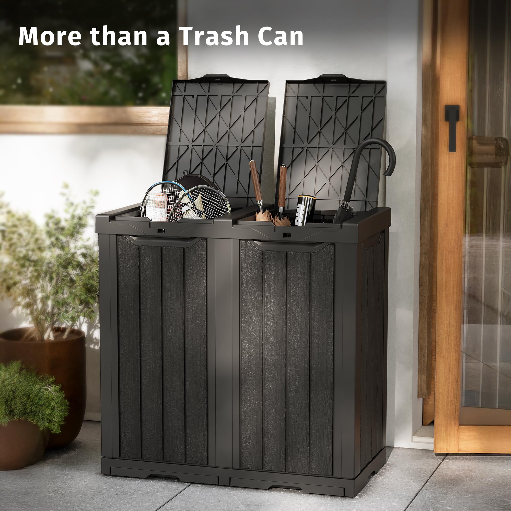 EAST OAK 62 Gallon Outdoor Trash Can - Waterproof Resin Garbage Bin with Recycle & Trash Labels, Secure Bag Lock & Drip Tray - Heavy Duty Outdoor Waste Container for Patio, Backyard, Deck, Garden & Garage - Perfect for Home, Restaurant & Commercial Use - Gray