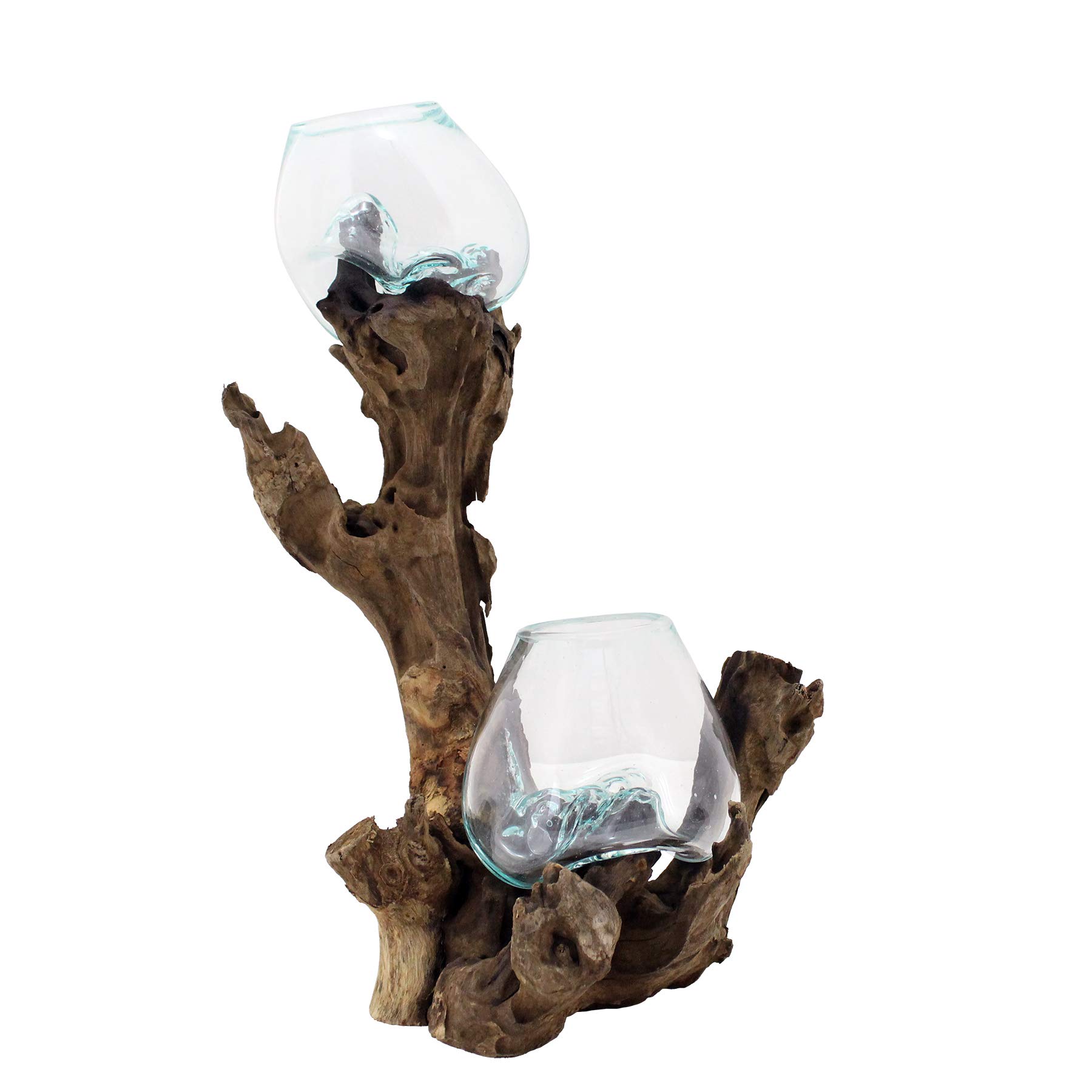 Cohasset Molten Glass Double Terrarium - 15 Inch Tall Teak Wood Stand with 2 (10cm) Recycled Glass Vessels - Perfect for Succulents, Air Plants & Home Decor
