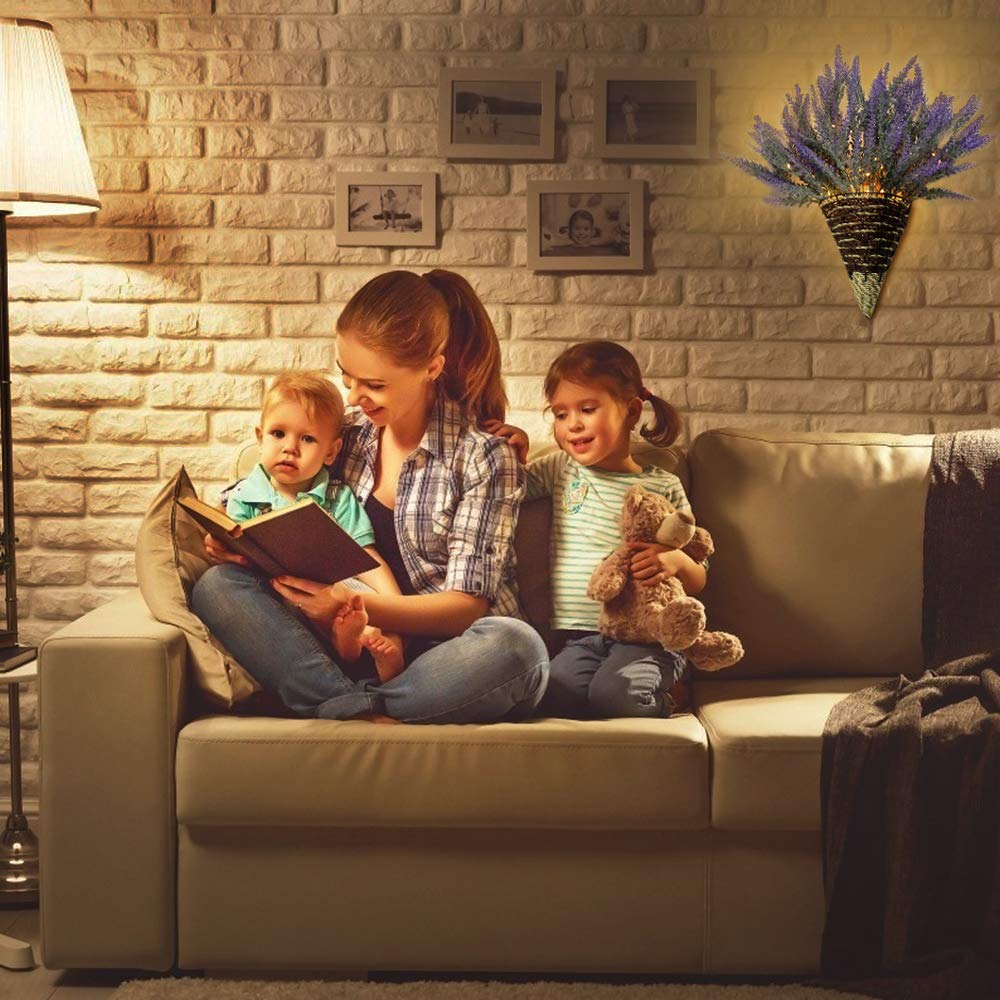 LED Lavender Wall Decor - Handmade Artificial Plant with Fairy Lights for Farmhouse, Kitchen & Bathroom Decor (2 Pack, Purple)