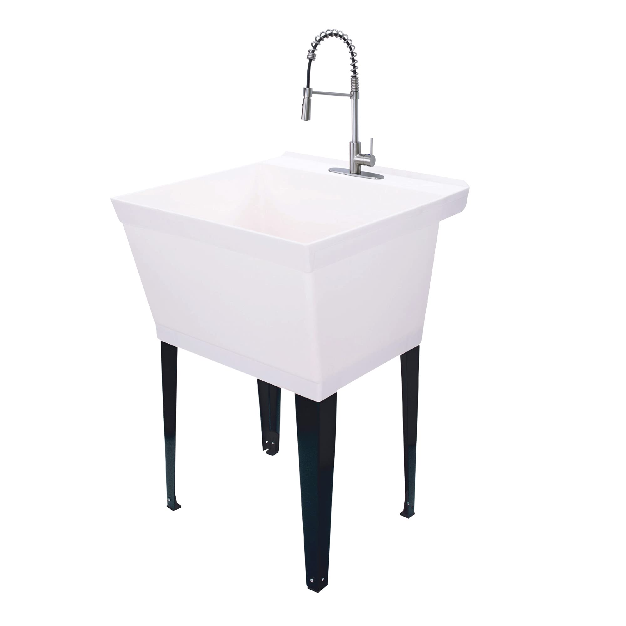 Extra-Deep Utility Sink Laundry Tub - White Freestanding Wash Station with High-Arc Stainless Steel Pull-Down Sprayer Faucet, Integrated Supply Lines & P-Trap Kit - Heavy Duty Floor Mounted for Laundry Rooms, Basements & Garages