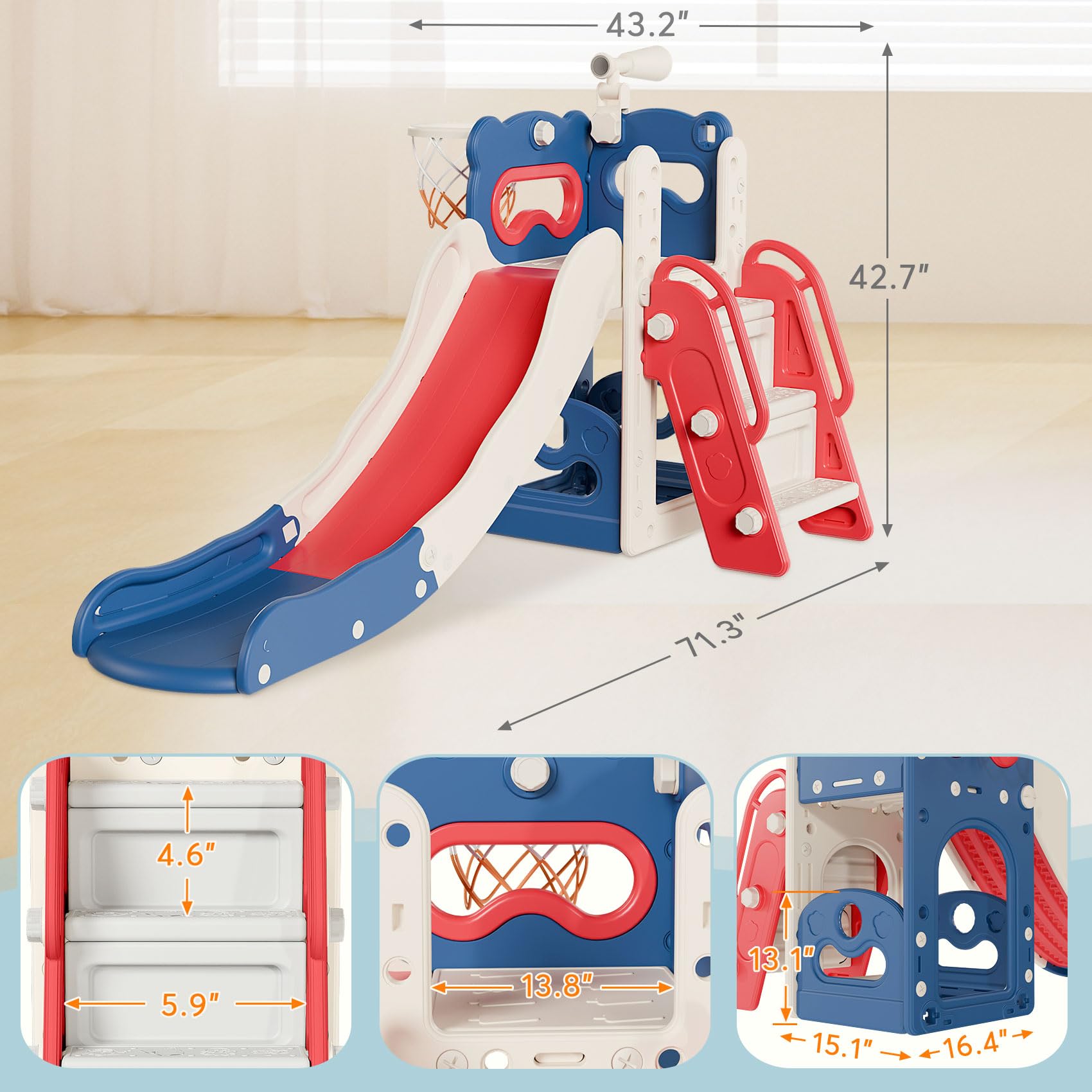 Babytronic 6-in-1 Toddler Slide Playset for Kids Ages 1-3 | Indoor & Outdoor Slide with Basketball Hoop & Telescope | Blue & Red Playground Toy for Backyard, Nursery & Daycare