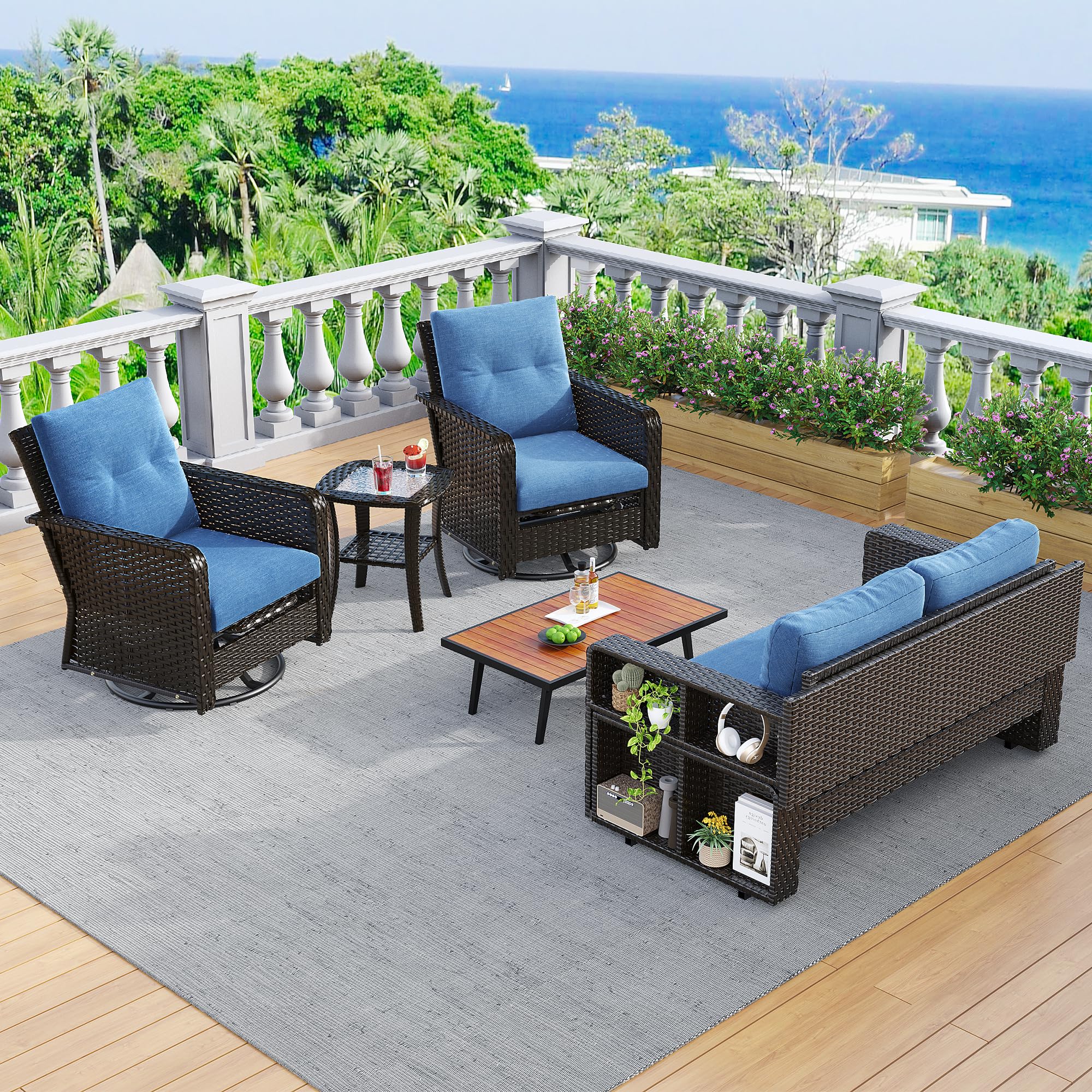 4-Seat Outdoor Patio Furniture Set with 2 Padded Rocking Chairs & Wicker Sofa - Blue Cushion for Backyard, Garden, Poolside Relaxation and Conversation