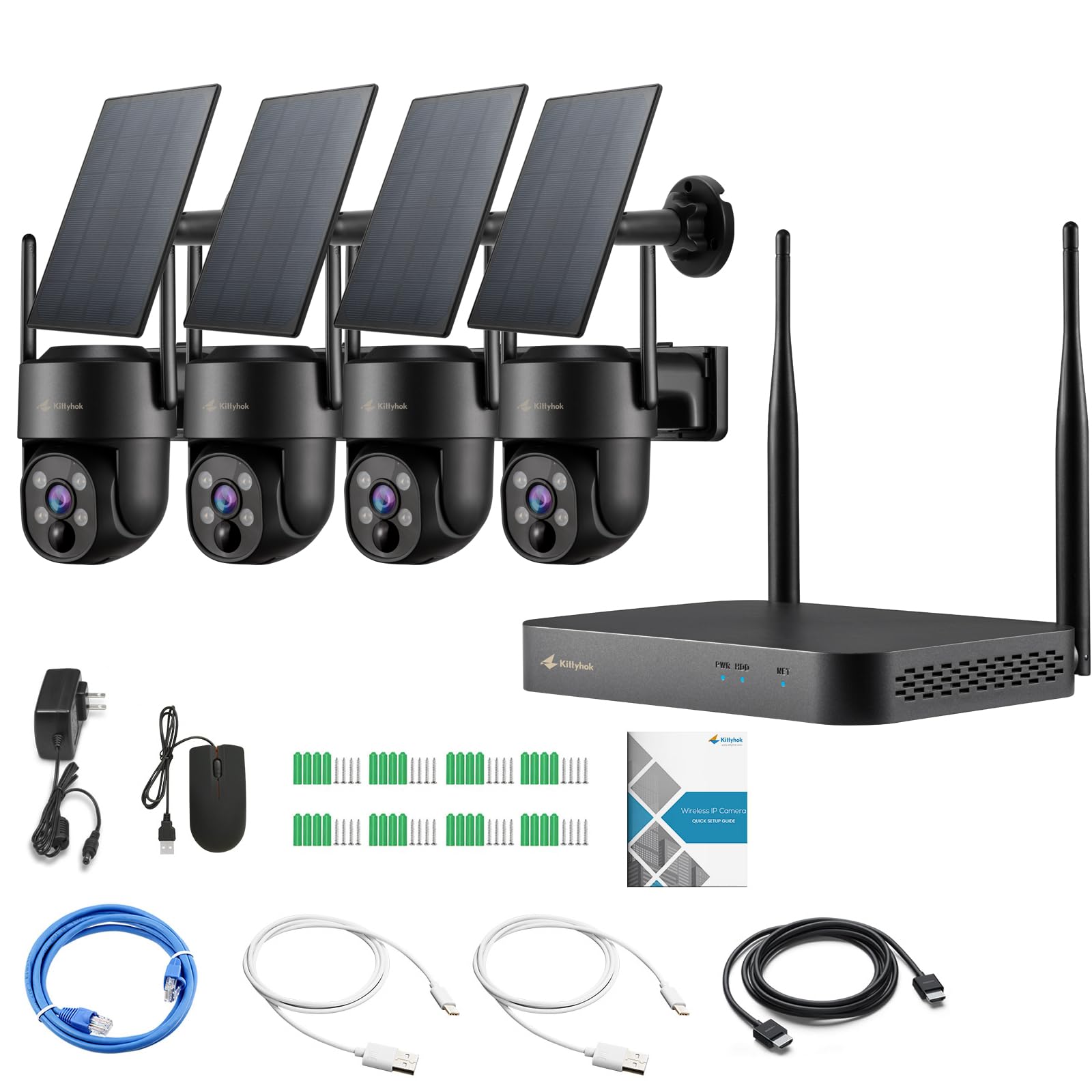 Kittyhok Black Solar Security Cameras Wireless Outdoor System - 5G/2.4G WiFi, 4 Pack 2K Ultra HD Pan/Tilt Solar Security Cameras with Human Detection, Spotlight, 10CH WiFi-6 NVR, 60 Days Local Storage - Ideal for Home Security, Yard Monitoring & Property Protection