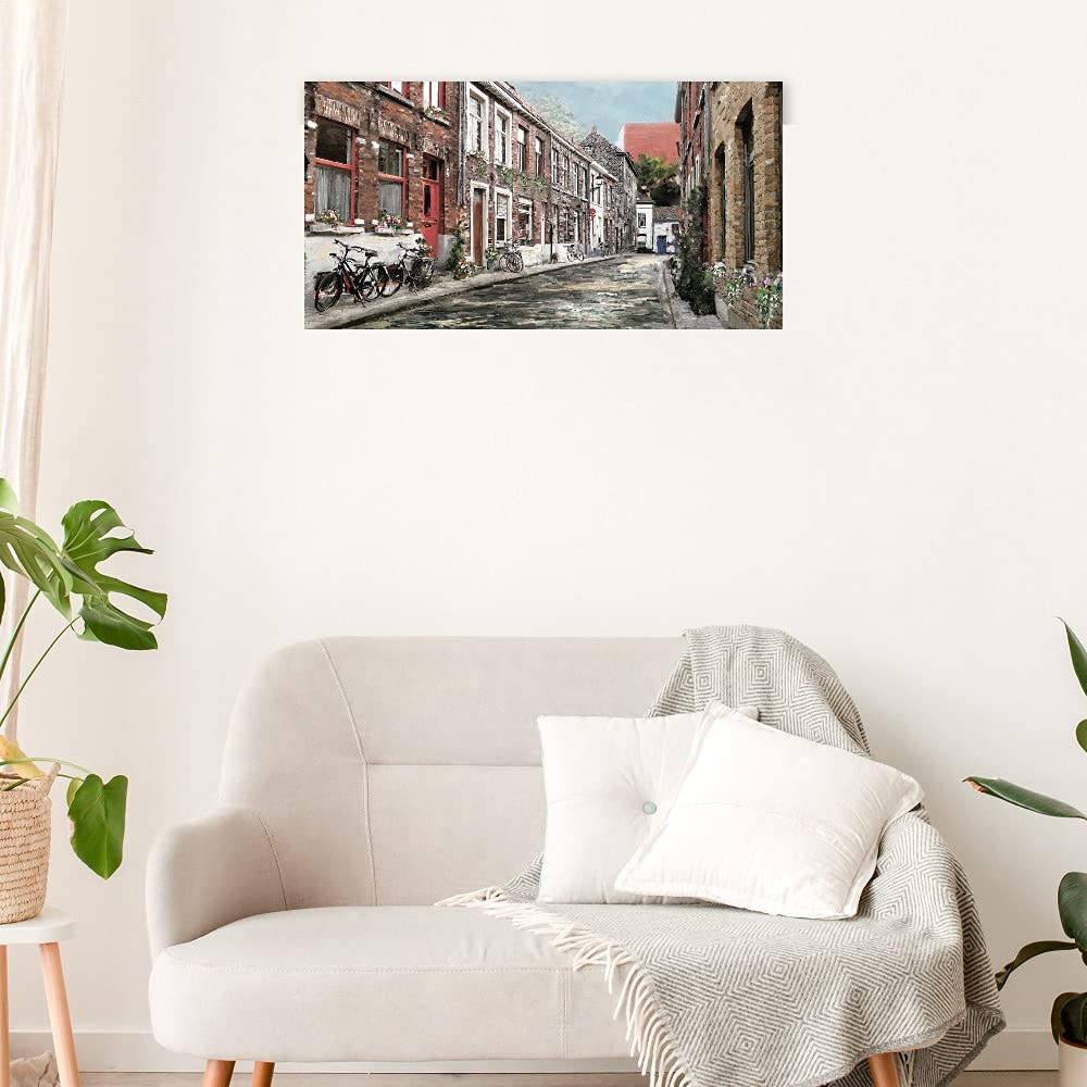 Fine Art Canvas Cobblestone Lane Wall Decor - Hand Painted Landscape Painting for Living Room, Bedroom, Office - Ready to Hang 50x26 Inches - Perfect for Home Decor, Housewarming Gift & Interior Design
