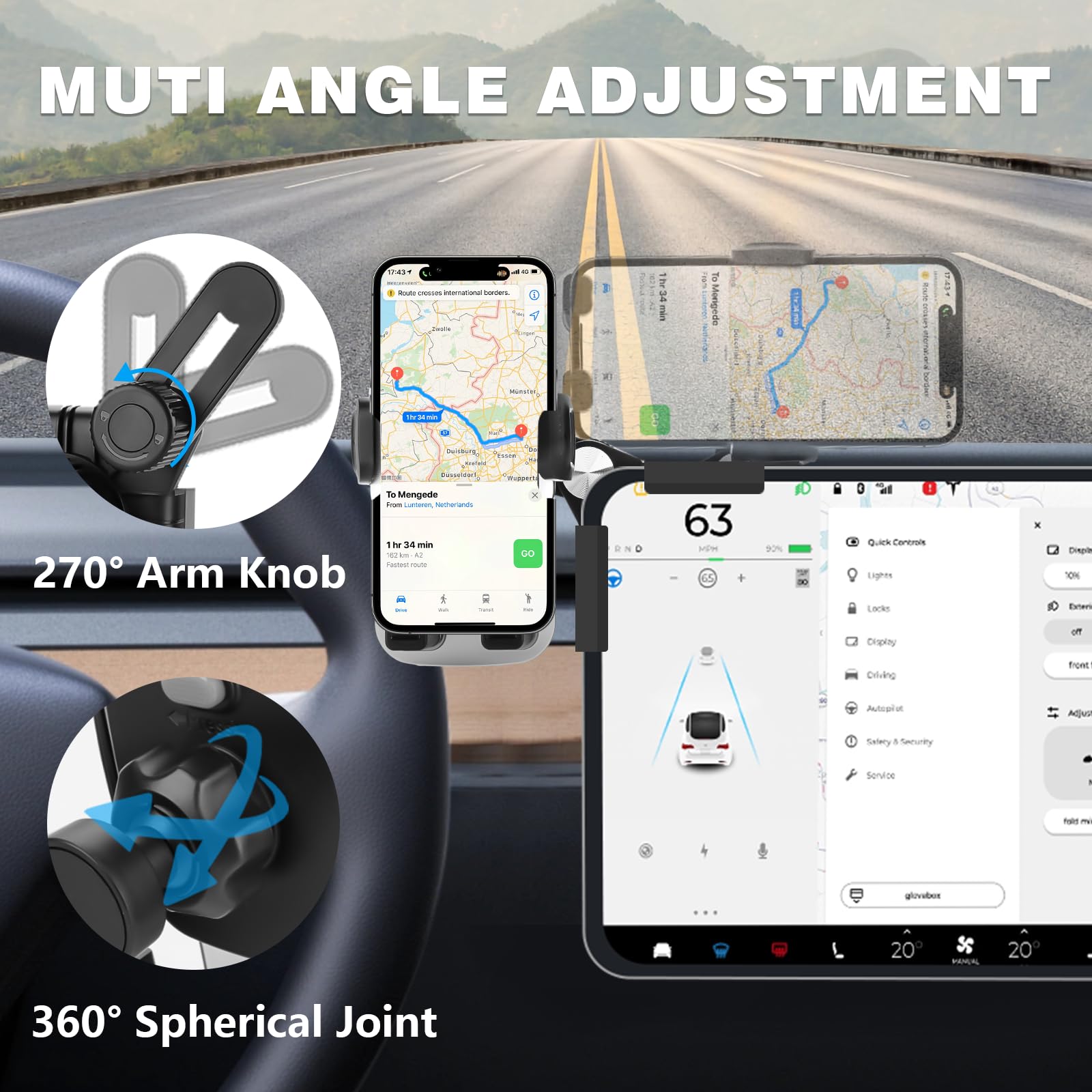 Adjustable Universal Phone Mount for Tesla Model 3/Y/Cybertruck - Non-Adhesive Car Phone Holder Fits All Smartphones (2025 Model) | Perfect for Navigation, Streaming & Hands-Free Driving