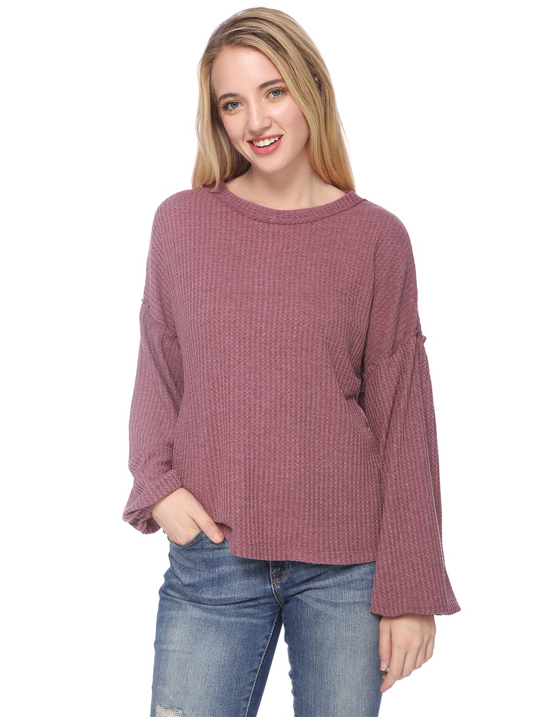 Anna-Kaci Women's Casual Waffle Knit Sweater - Crew Neck, Balloon Sleeve Pullover | Cozy Fall & Winter Wear, Perfect for Office, Dates & Weekend Outfits