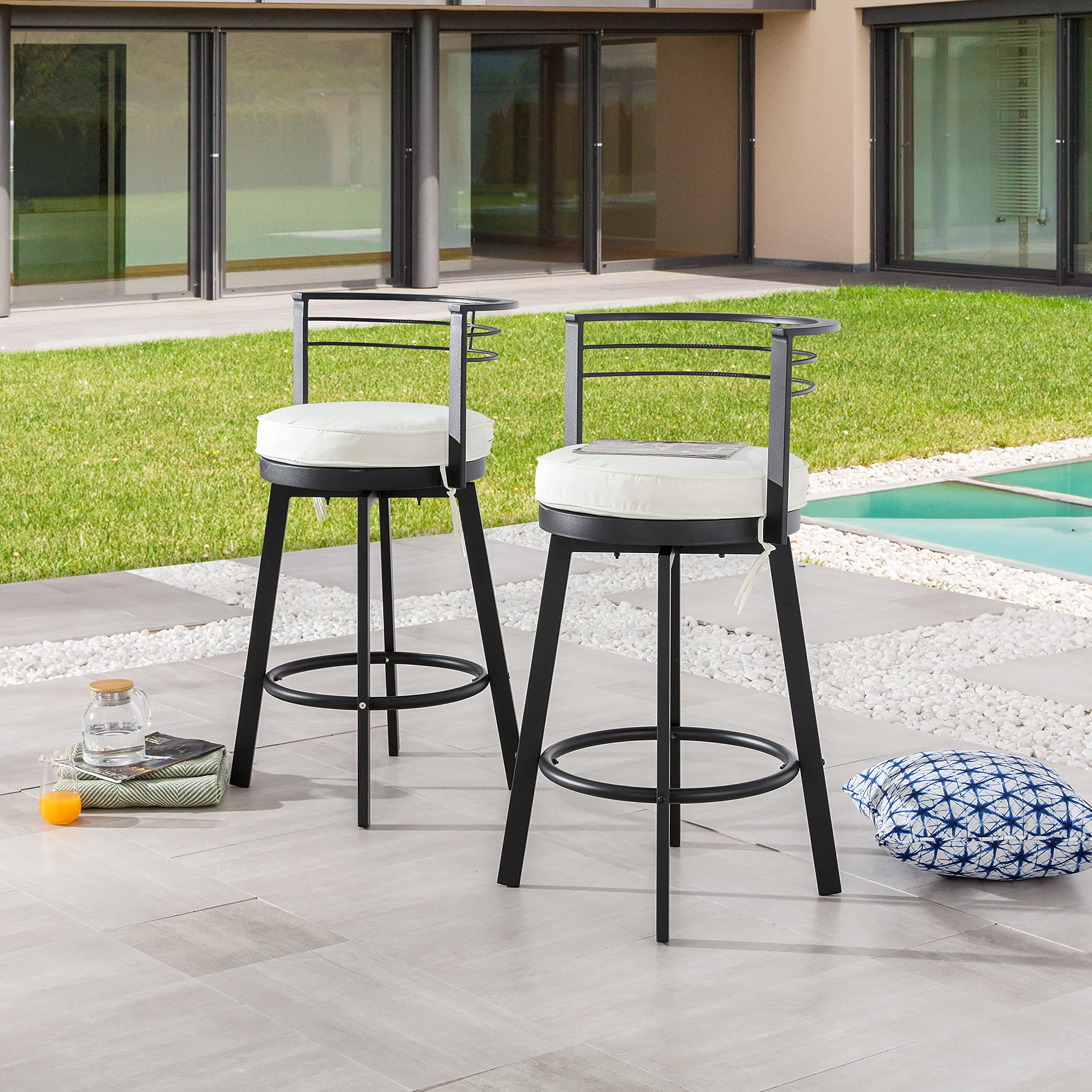 2-Piece Outdoor Swivel Bar Stool Set - Armless Bistro Chairs with Cushions - Patio Height Metal Stools for Backyard, Deck & Garden Dining - Weather-Resistant Outdoor Furniture