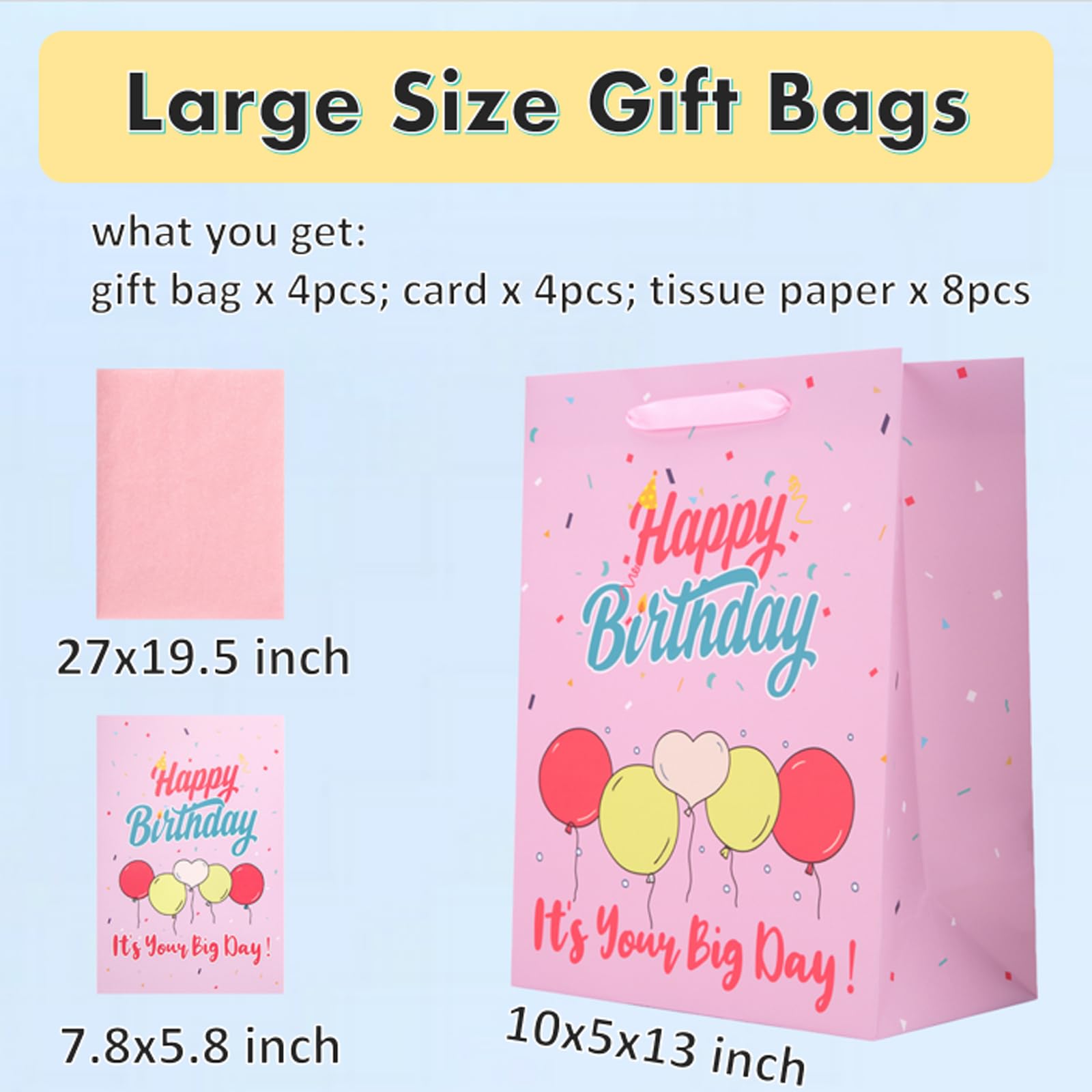 Ronvir 4-Piece Pink Birthday Gift Bags for Girls - Large 10x13x5 Inch Party Favor Bags with Tissue Paper - Perfect for Kids' Birthday Parties, Baby Showers & Special Occasions