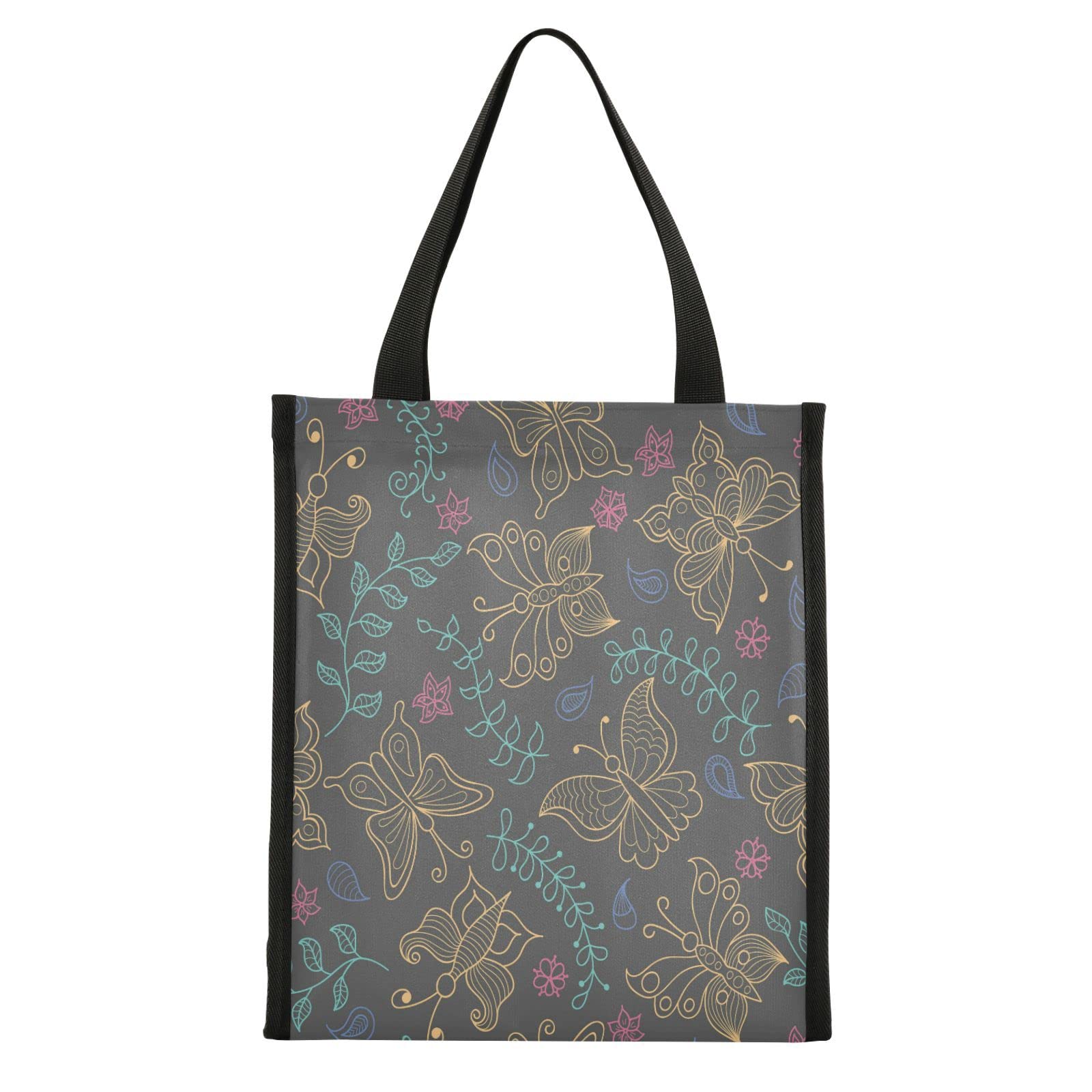 ALAZA Butterfly Flower Black Reusable Lunch Bag for Women & Men - Insulated Water Resistant Tote with Leakproof Design - Perfect for School, Work, Picnic, Beach or Travel - Ideal for Teens, Kids & Adults