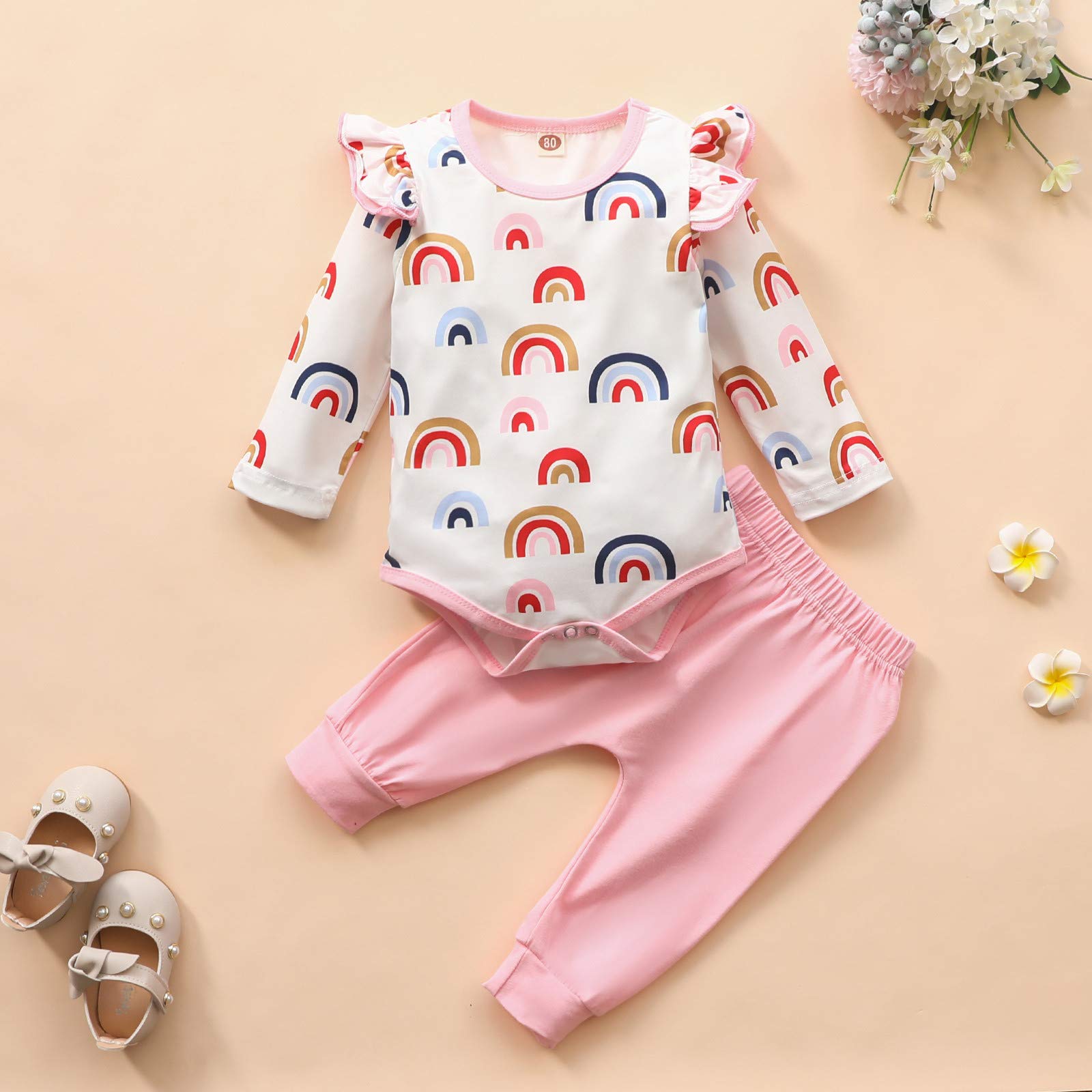 Rainbow Print Baby Girl Romper Set with Ruffles - Autumn Outfits for 0-6 Months (Pink) | Perfect for Fall Photoshoots, Playdates & Special Occasions