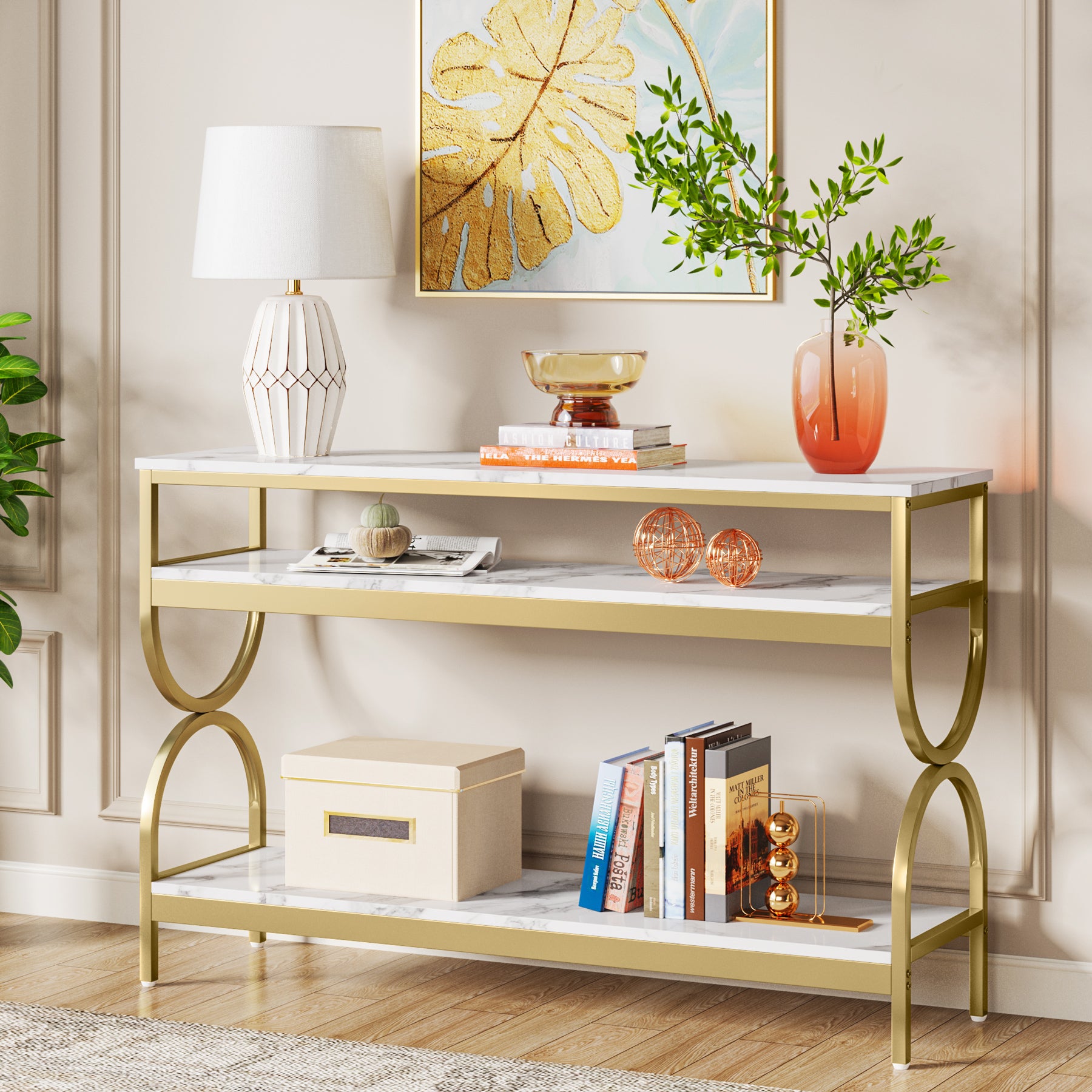 3 Tier Console Table with Storage Shelves - 55 Inch Sofa Table for Living Room, Entryway & Hallway - Modern Narrow Entry Table with 3 Shelves for Home Decor & Organization