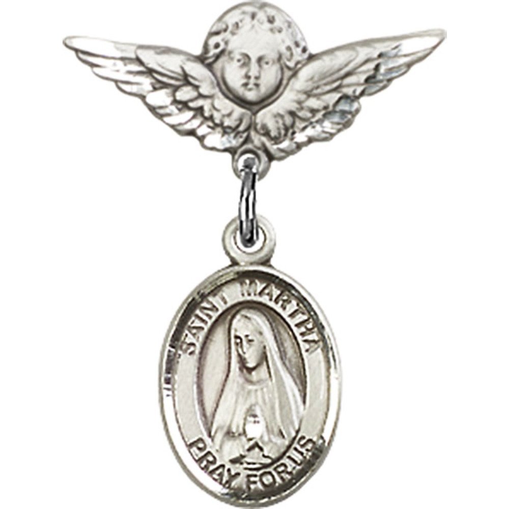 St. Martha Sterling Silver Baby Badge with Angel Wing Charm - 7/8 X 3/4 Inch Religious Pin for Christening, Baptism & First Communion Gifts
