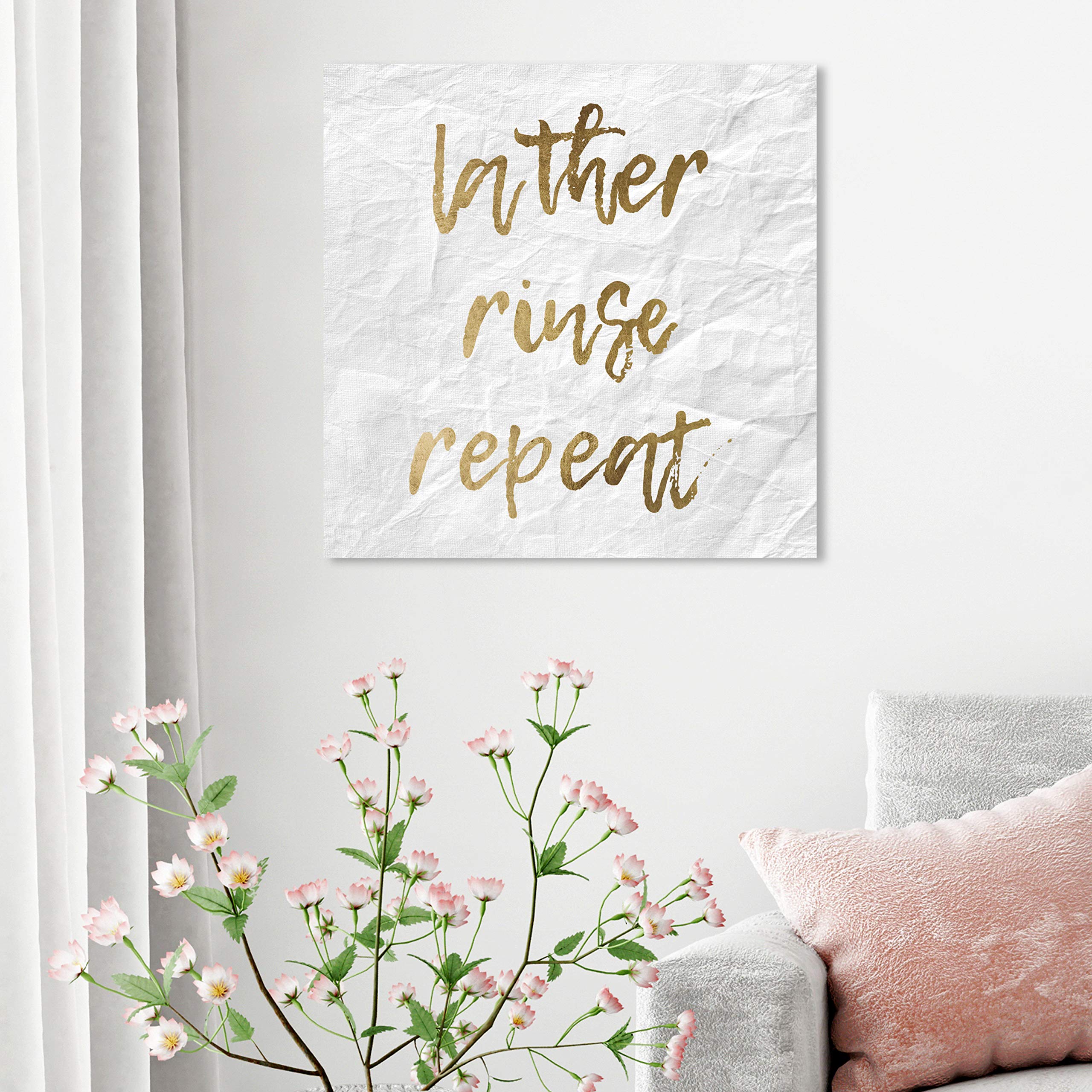 Oliver Gal Artist Co. 'Lather Rinse Repeat' Typography Wall Art Canvas Print - 24x24 Inch Gold & White Home Decor for Bathroom, Spa, or Modern Living Room