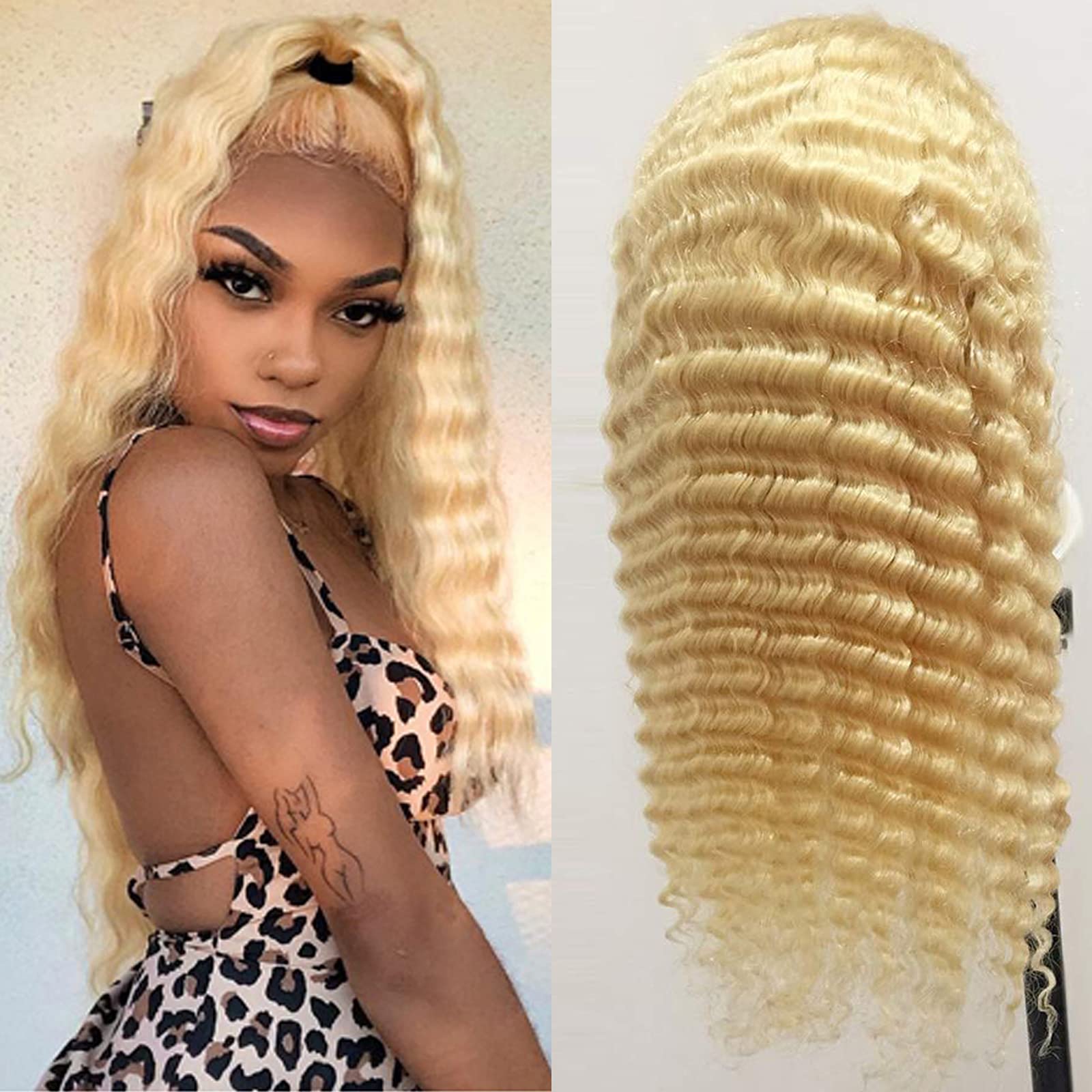613 Blonde 13x4 Lace Front Wig Human Hair Pre Plucked Middle Part Transparent Lace Wig | Peruvian Deep Wave Hair | Can Be Dyed | 24 Inch | Perfect for Daily Wear, Cosplay & Special Occasions