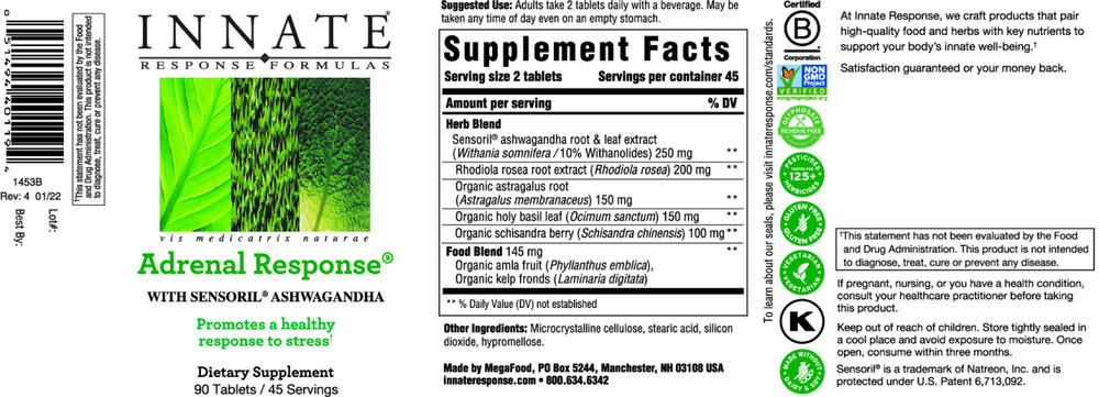 Innate Response Adrenal Response® Supplement (90 Capsules) - Natural Stress & Energy Support for Busy Lifestyles