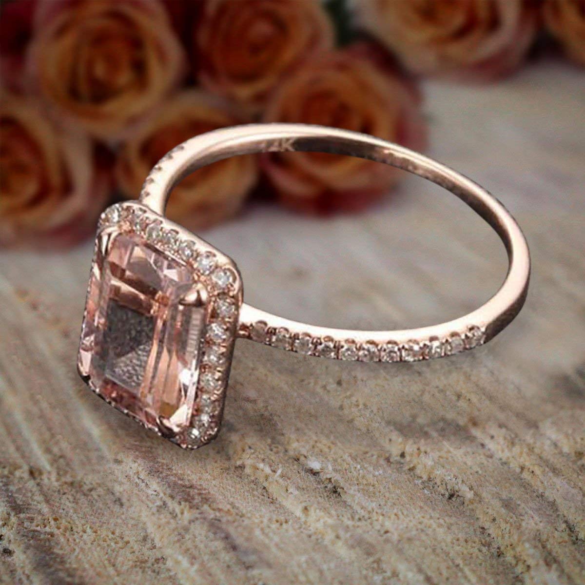 1.50 Carat Emerald Cut Morganite & Diamond Halo Engagement Ring in 18k Gold Plating - Elegant Wedding Jewelry for Proposals, Anniversaries & Special Occasions