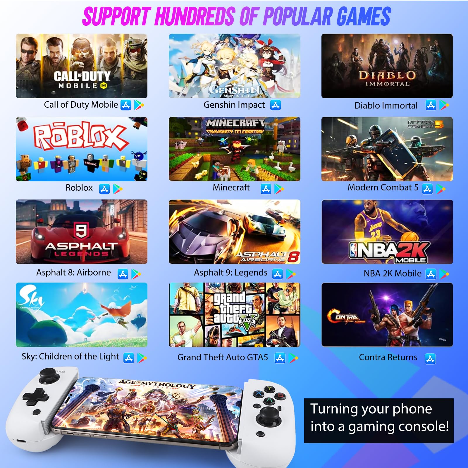 Wireless Bluetooth Mobile Gaming Controller for iOS & Android - Universal Gamepad with Adjustable Clip for iPhone, iPad, Samsung - Compatible with Xbox, PS3/4, Switch, PC (White) - Perfect for Cloud Gaming, Mobile Esports & Console Gaming on the Go