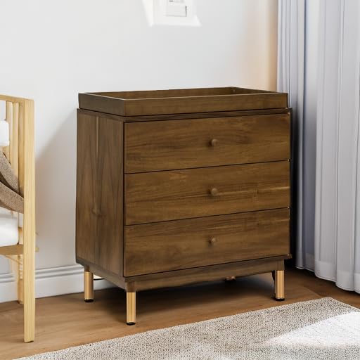 Babyletto Gelato 3-Drawer Changing Table Dresser with Removable Changing Tray - Natural Walnut Finish & Brushed Gold Legs, Greenguard Gold Certified - Perfect Nursery Furniture for Diaper Changes & Baby Storage