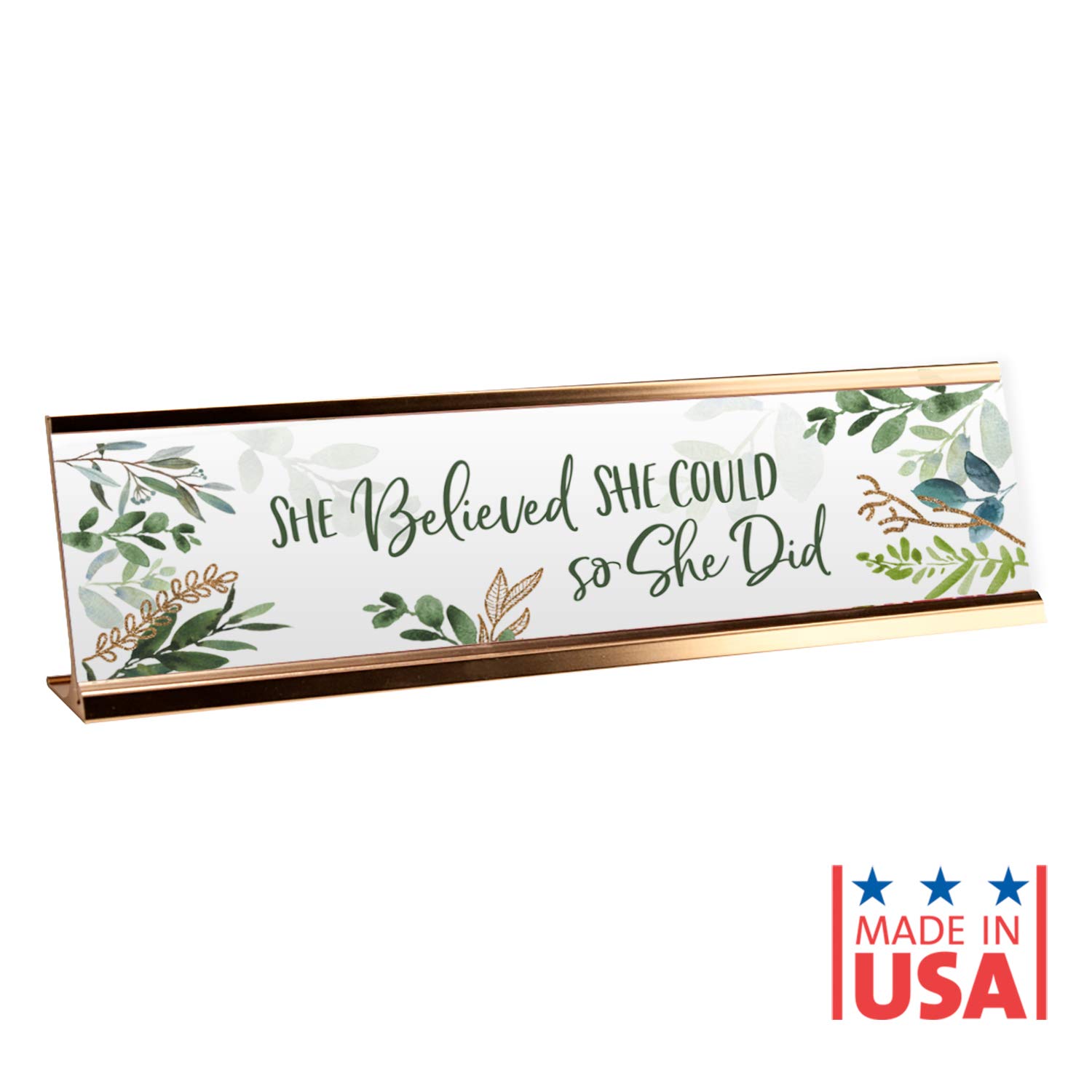 Inspiring Motivational Desk Nameplate - 'She Believed She Could' with Rose Gold Holder - Perfect for Office Decor, Gift for Women, Graduation, or Work from Home Inspiration