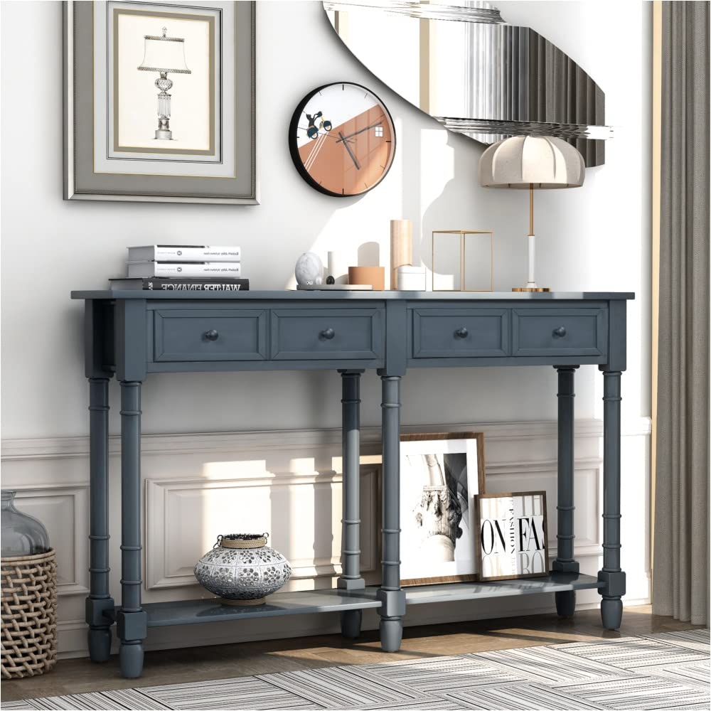 Antique Navy Wooden Console Table with 2 Storage Drawers & Bottom Shelf - Sofa Table, Entryway Table, Hallway Accent Table for Living Room, Bedroom & Home Decor