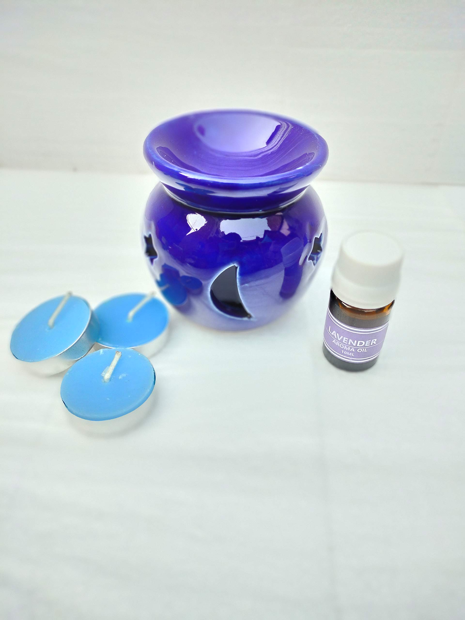 Bharti Ceramic Aroma Oil Diffuser with Lavender Fragrance & 3 Candles - Home Decor Essential Oil Warmer for Relaxation, Yoga & Spa - Perfect Gift Set for Aromatherapy Lovers