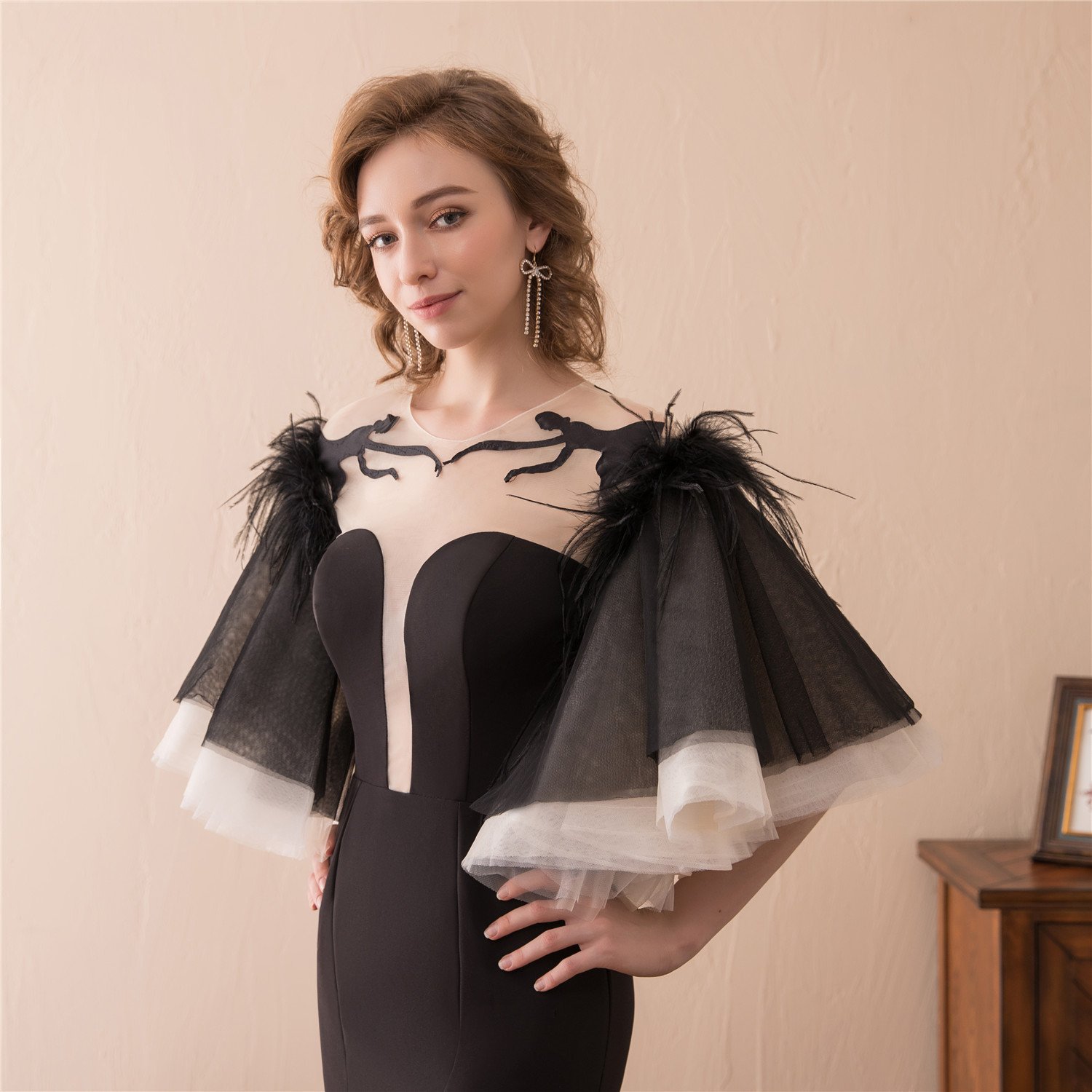 Elegant Women's Bell Sleeve Feather Open Back Mermaid Evening Gown - Perfect for Prom, Wedding Guest & Formal Occasions