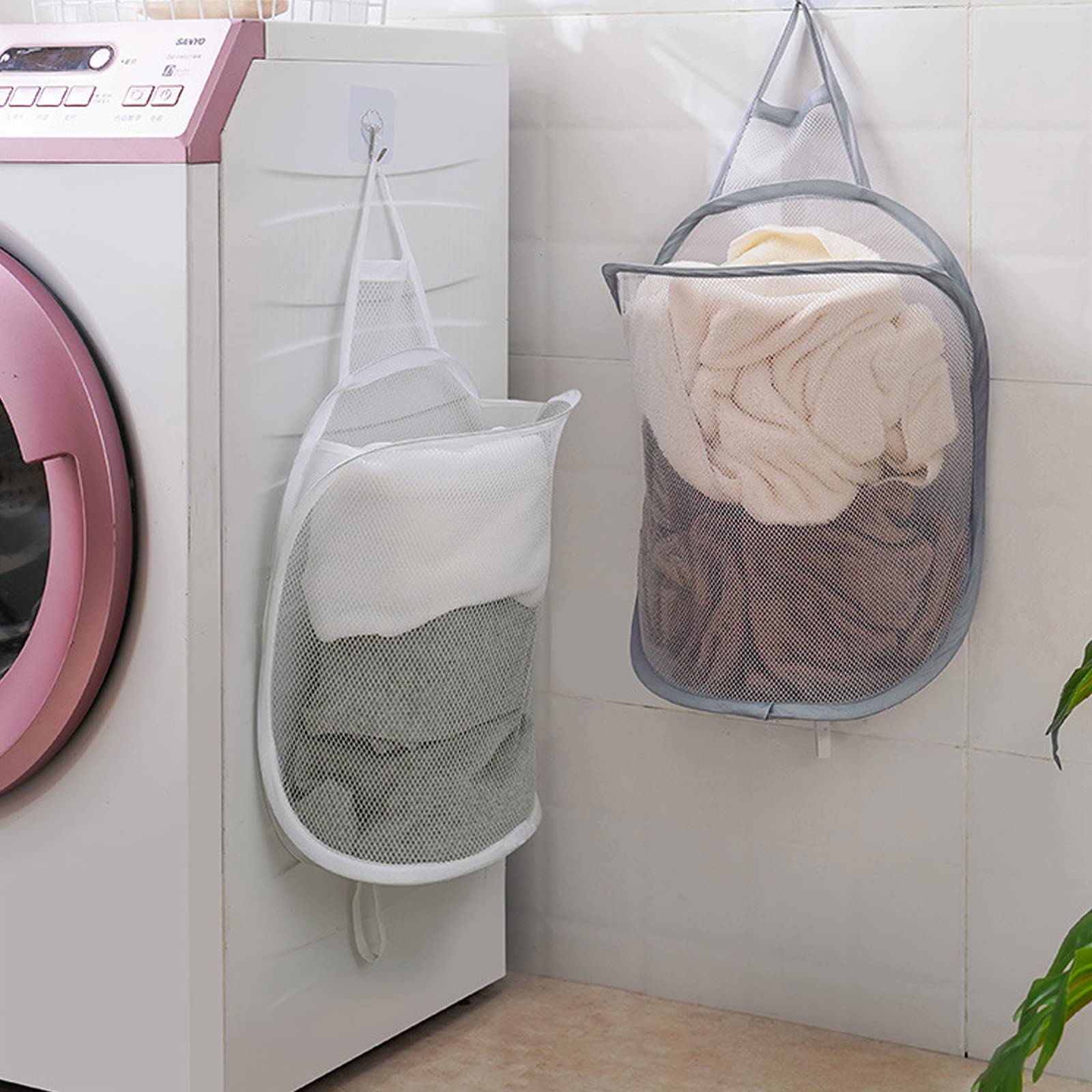 Pop-up Hanging Laundry Hamper 2 Pack - Foldable Mesh Laundry Basket, Collapsible Wall Mounted Storage Bag for Dorm, Closet & Bathroom Organization - Grey & White - Perfect for College, Travel & Small Spaces