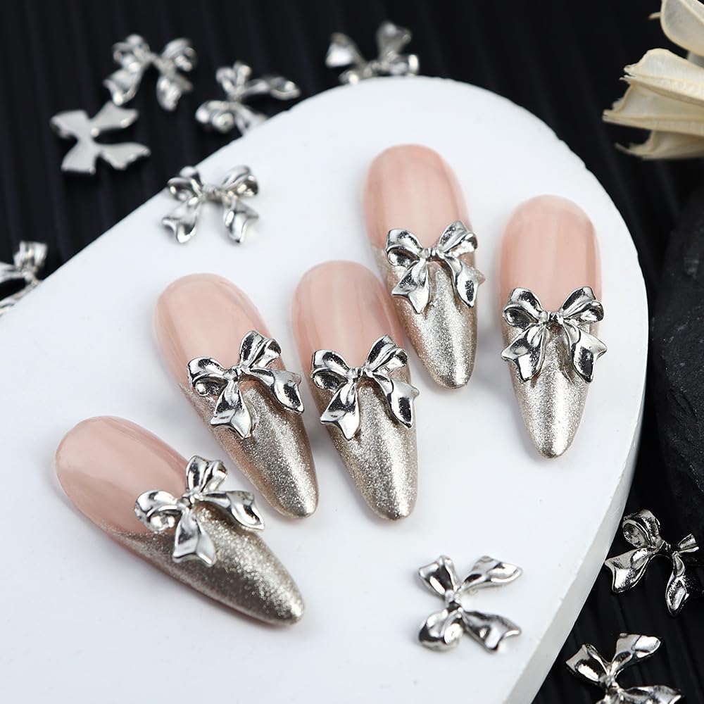 S.A.V.I 3D Bowknot Nail Charms - 10 Pcs Silver Bow Nail Art Decorations for DIY Manicure | Elegant Metallic Nail Accessories for Salon & Home Use | Perfect for Weddings, Parties & Special Occasions