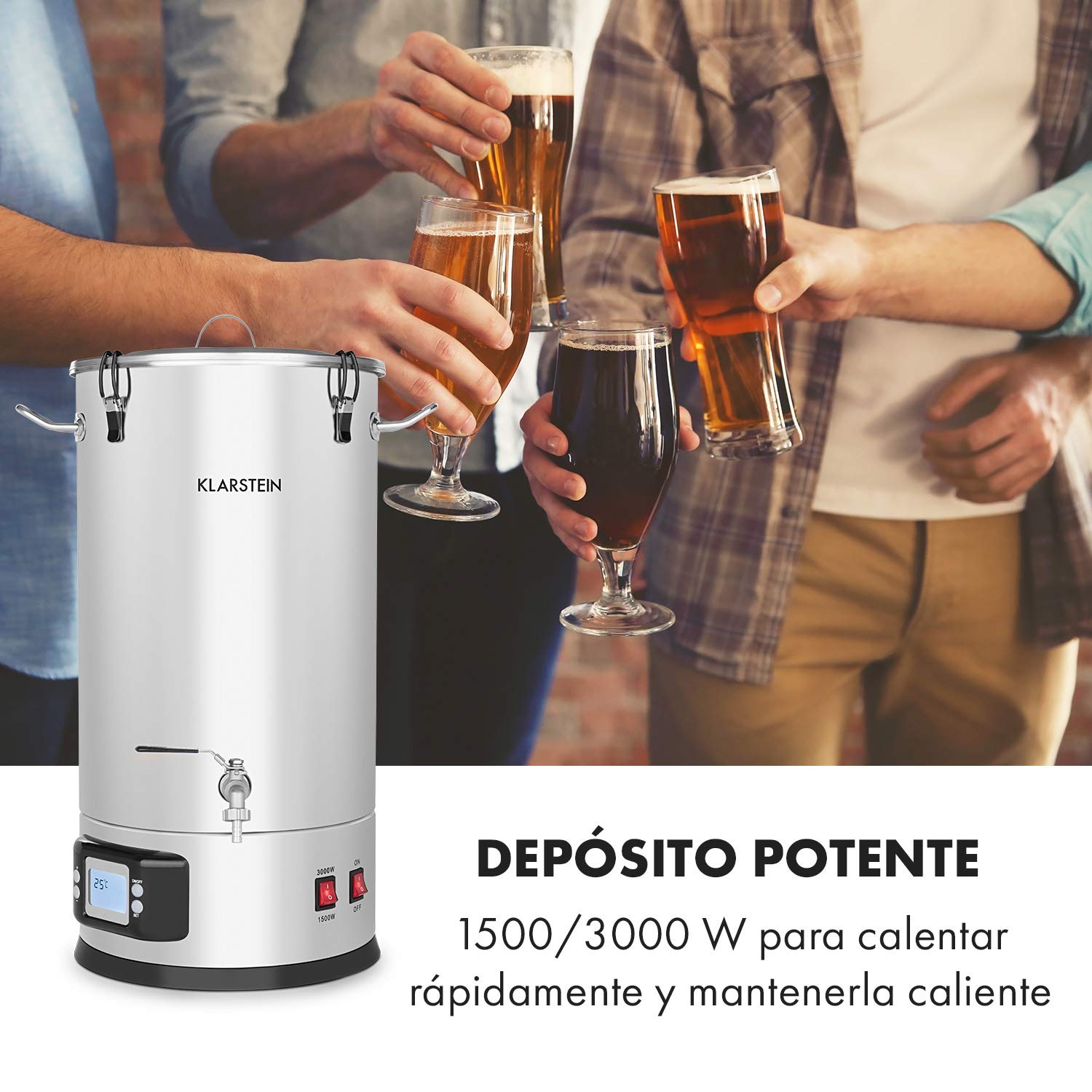Klarstein Maischfest Mash Tun - Beer Brewing Barrel, Homebrew Fermentation Kit, 5-Piece Set, 1500W & 3000W, 25L Capacity, LCD Display, Adjustable Temperature, Stainless Steel - Perfect for Craft Beer Making & Home Brewing Enthusiasts
