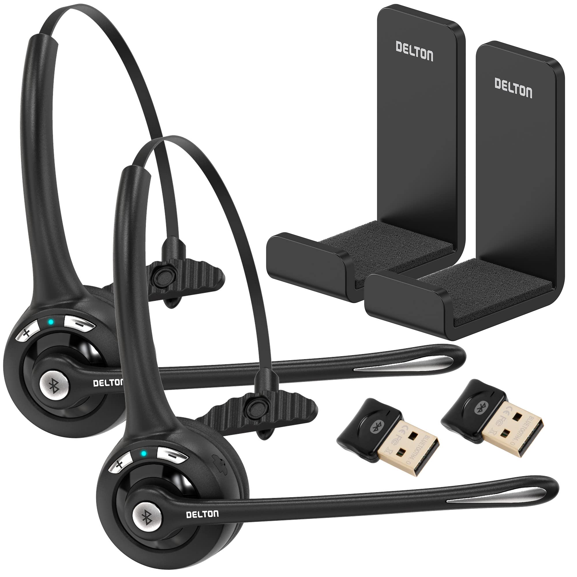 Delton 10X Trucker Bluetooth Headset - Wireless Over-Ear Headphones with Noise-Canceling Mic for Truck Drivers, Call Centers & Skype - 18H Battery Life (Includes USB Dongle & Holding Hook) - Perfect for Long-Haul Driving, Customer Service & Online Meetings (2-Pack)