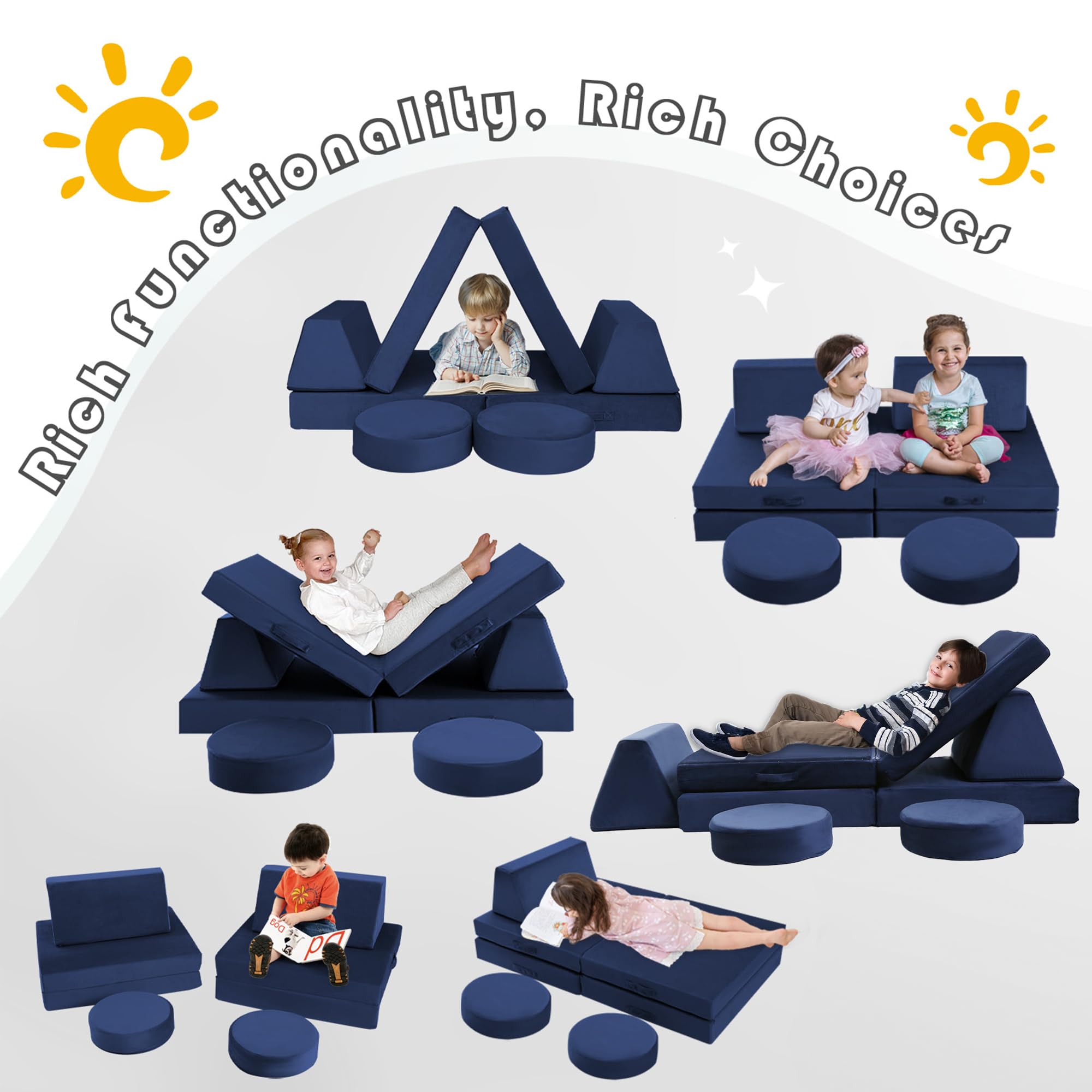 MeMoreCool Modular Kids Play Couch - Navy Blue Foam Sofa for Toddlers & Children | Playroom Furniture for Building Forts, Reading Nook & Indoor Playtime