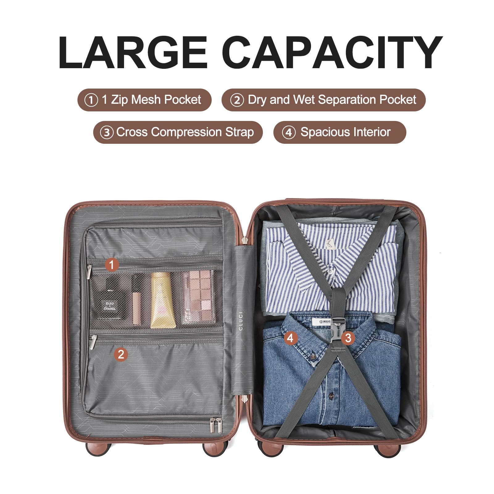 CLUCI 20-Inch Airline Approved Carry-On Hardside Suitcase with TSA Lock & 360° Spinner Wheels - Light Beige & Brown Luggage for Business Travel & Weekend Getaways