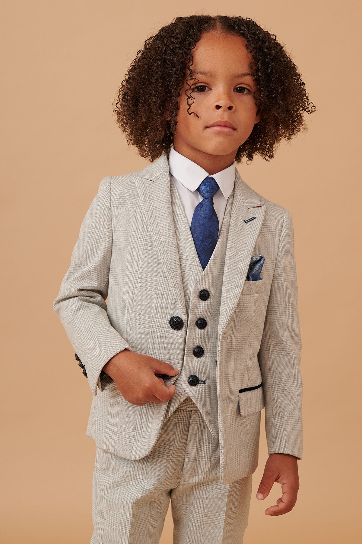 BROMLEY Kids' Stone Check Print 3-Piece Suit for Boys - Formal Wear for Weddings, Parties & Special Occasions