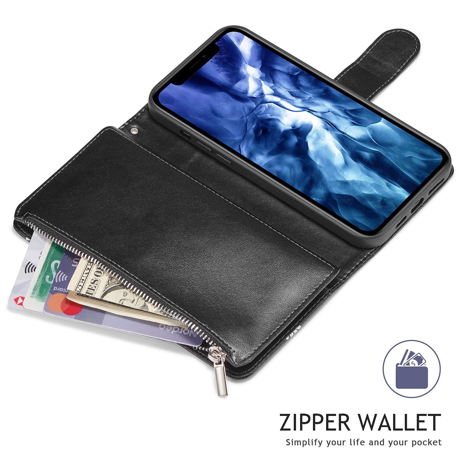 UEEBAI Premium PU Leather Wallet Case for iPhone 13 Pro Max - Magnetic Closure, Zipper Pocket, Kickstand & Card Slots with Hand Strap | Stylish Daisy Black Flip Case for Women | Perfect for Daily Use, Travel & Shopping