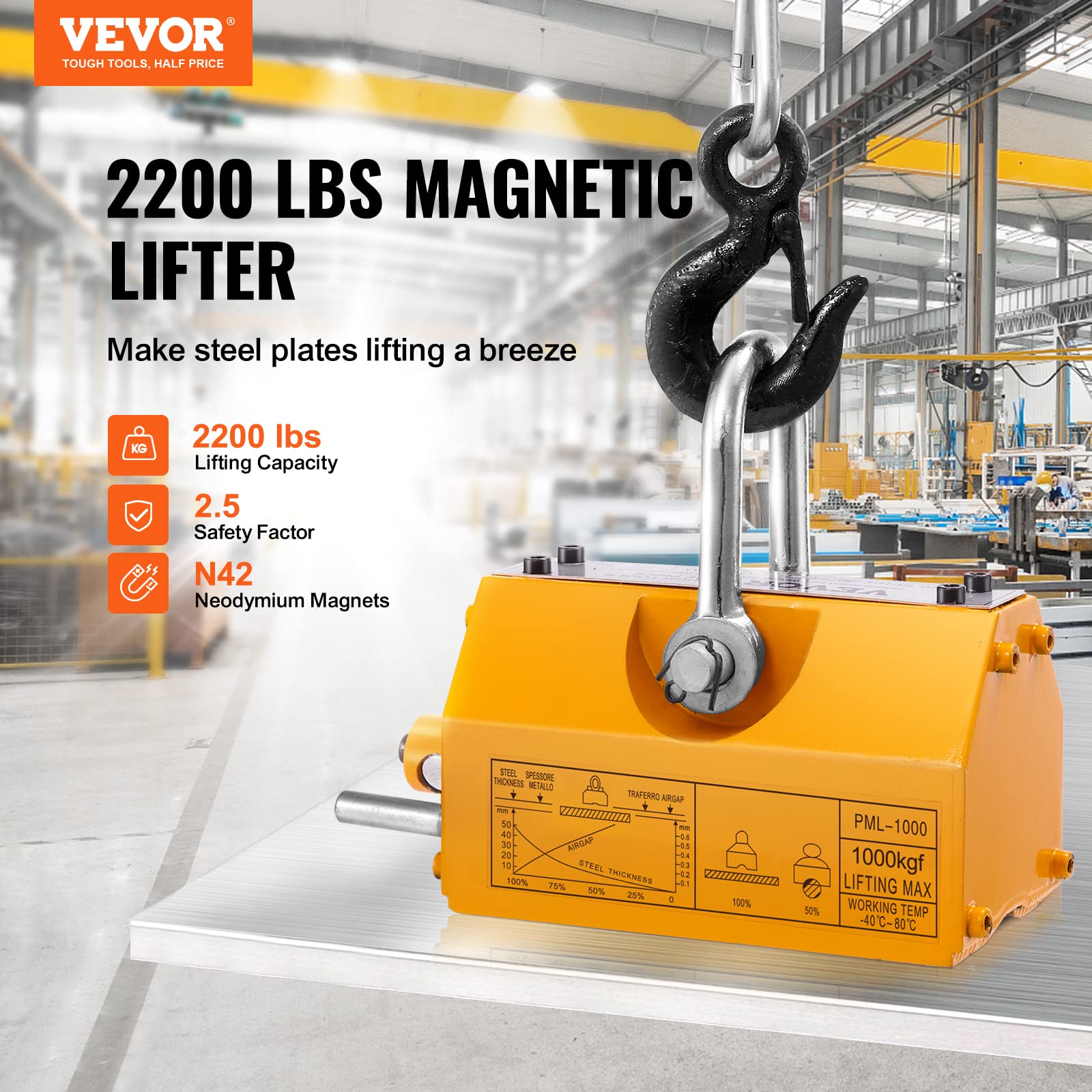 VEVOR 2200lbs Permanent Magnetic Lifter with Quick Release - Heavy Duty 1000kg Neodymium Magnet for Steel Plates, Blocks & Machinery - 2.5 Safety Factor - Ideal for Construction, Workshops & Industrial Lifting Operations