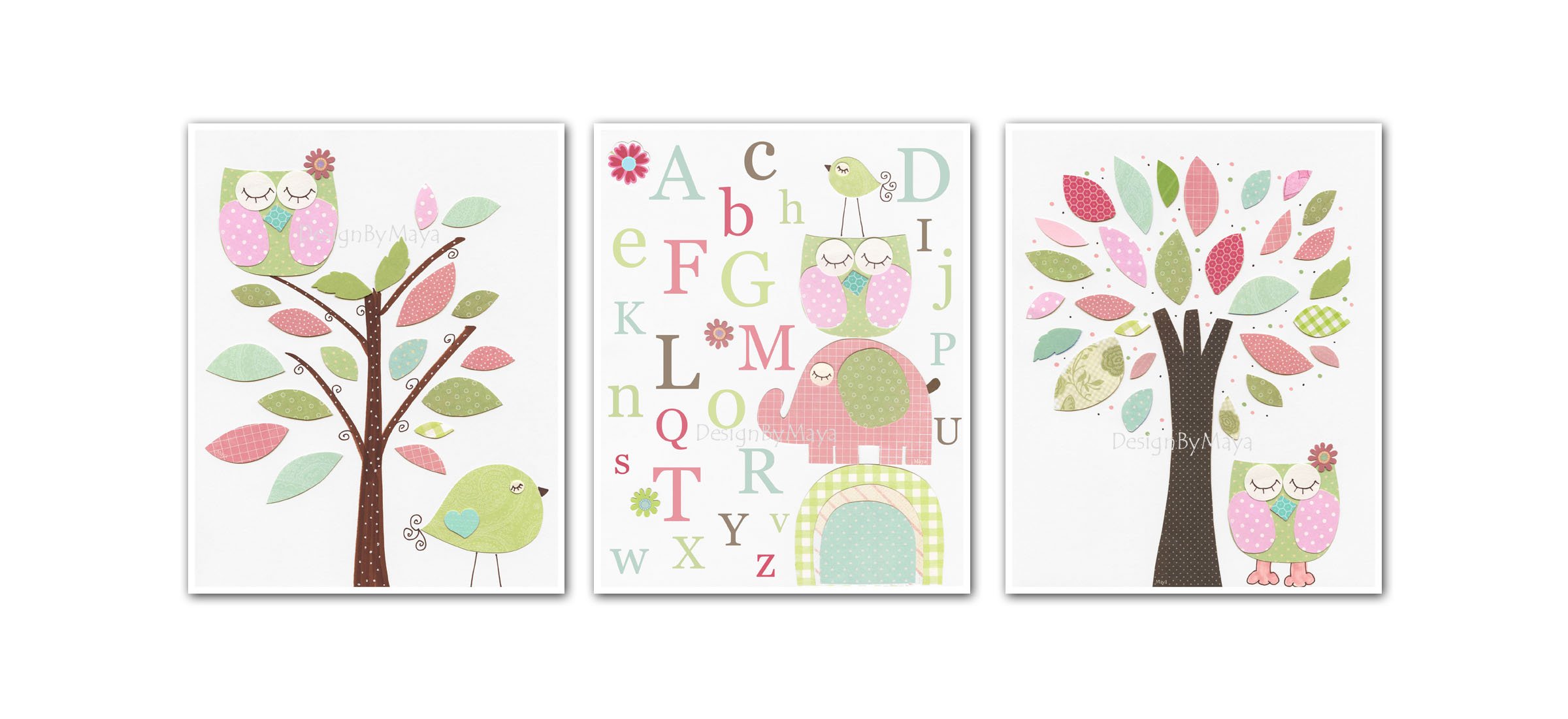 Baby Girl Nursery Wall Art Set - Pink, Green & Aqua Tree Prints (Set of 3) | Nursery Decor for Girls Room | Perfect for Baby Shower Gifts & Newborn Room Decoration