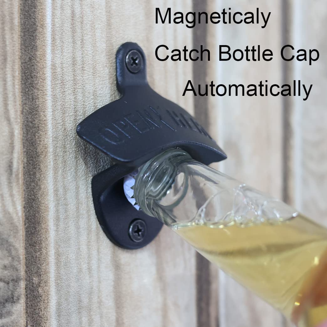**Black Magnetic Wall Mount Beer Bottle Opener - Built-in Magnets to Catch Caps - Rustproof & Durable (Pack of 2) - Perfect for Bars, Kitchens, and Outdoor BBQs**