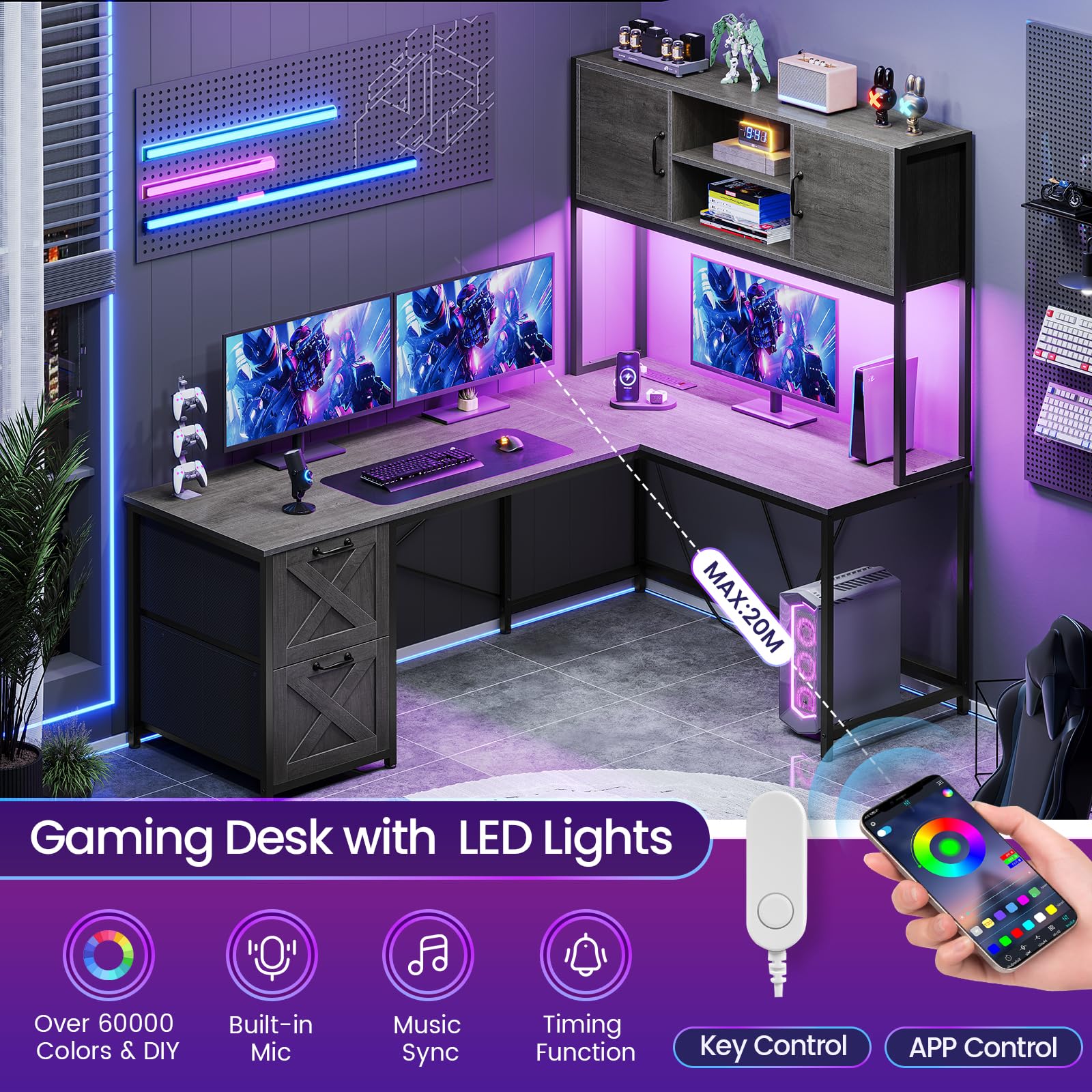 SEDETA L-Shaped Gaming Desk with LED Lights, Reversible Computer Desk with Fabric Drawers & Power Outlet, Home Office Desk with Hutch & Storage Shelf (Grey) - Perfect for Gamers, Streamers & Remote Workers